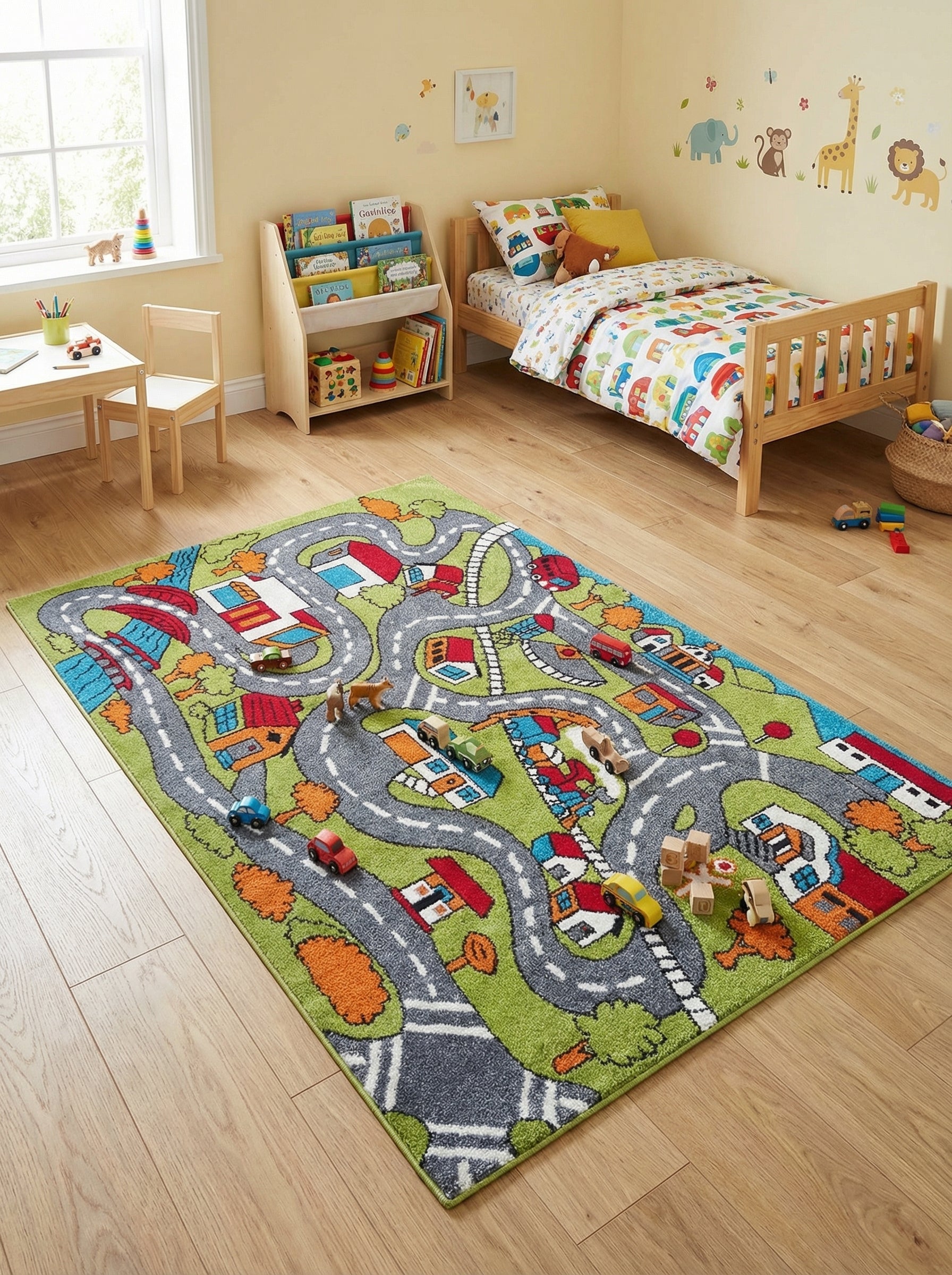 Tapis rectangulaire vert et gris avec motifs de carte routière, maisons colorées, ponts et jouets posés dessus, dans une chambre d'enfant