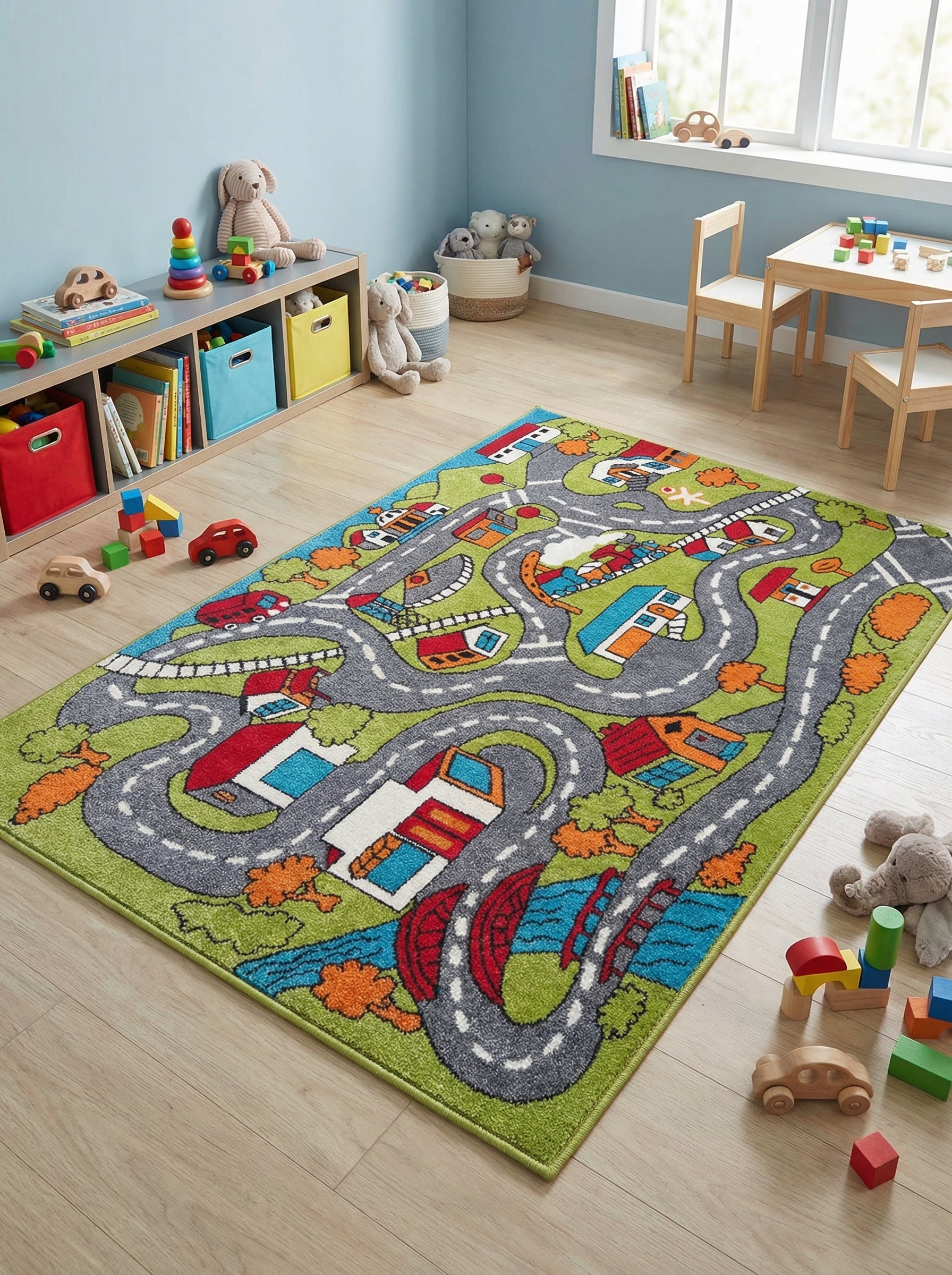 Tapis rectangulaire vert avec un motif de ville (routes grises, maisons colorées, arbres, pont) dans une chambre d'enfant