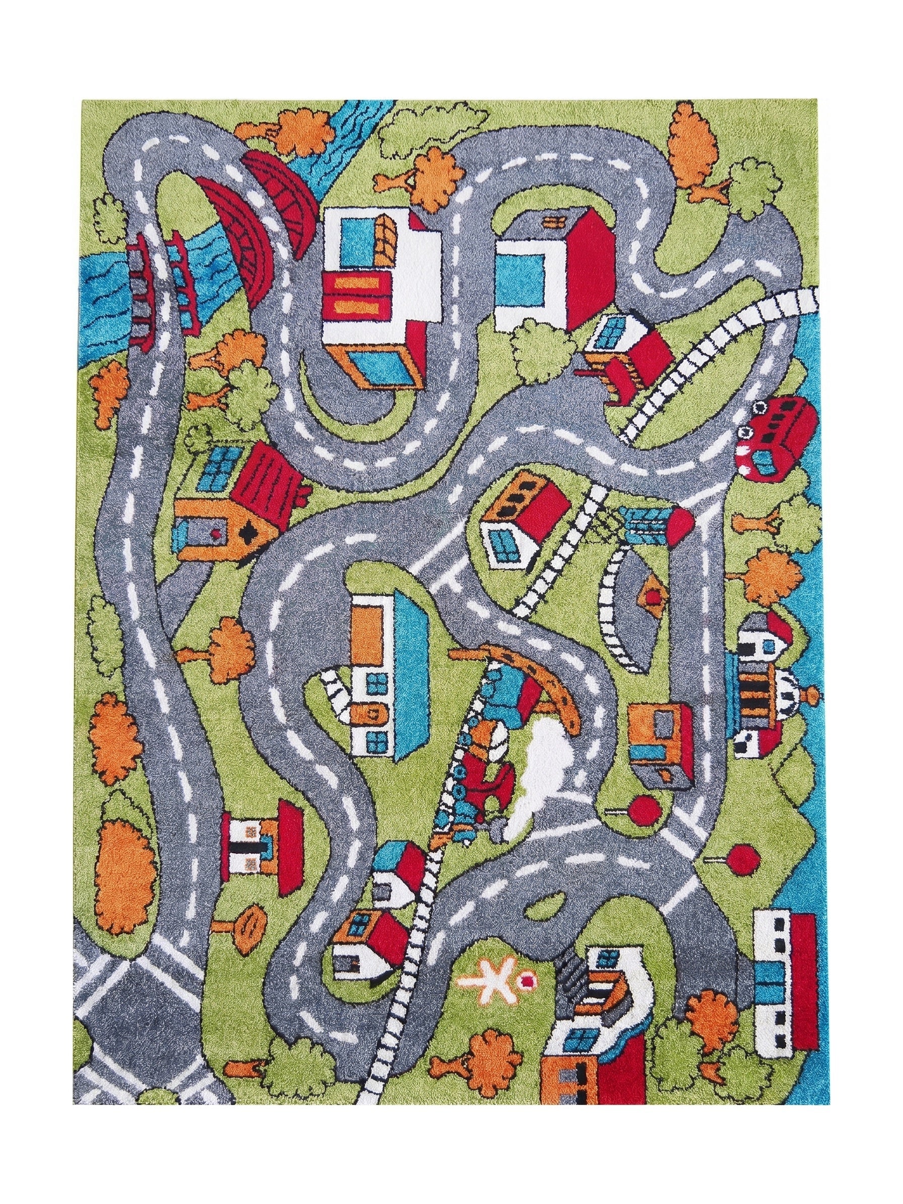 Tapis ludique aux motifs de ville et routes grises, maisons multicolores, arbres orange et rivières bleues sur fond vert