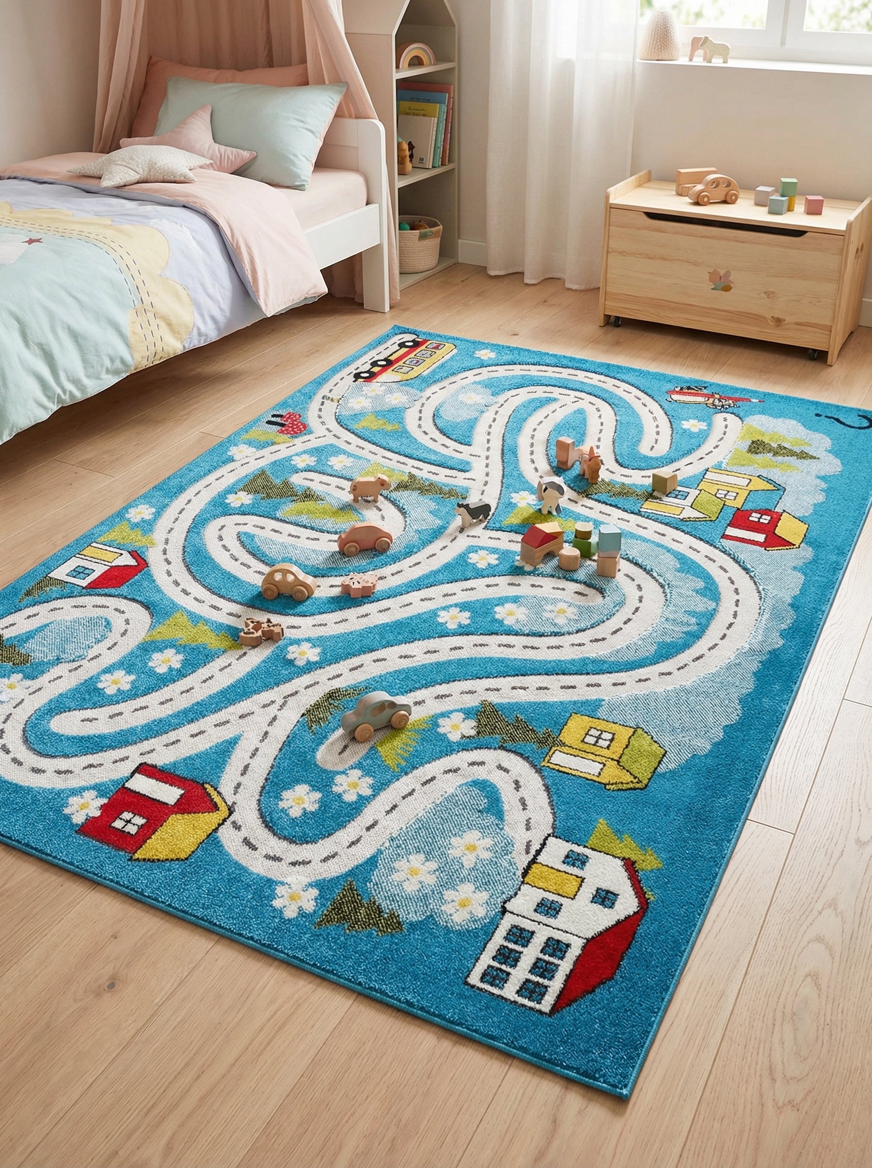 Tapis rectangulaire bleu à motif de routes blanches, maisons colorées, arbres verts et petites fleurs dans une chambre d'enfant