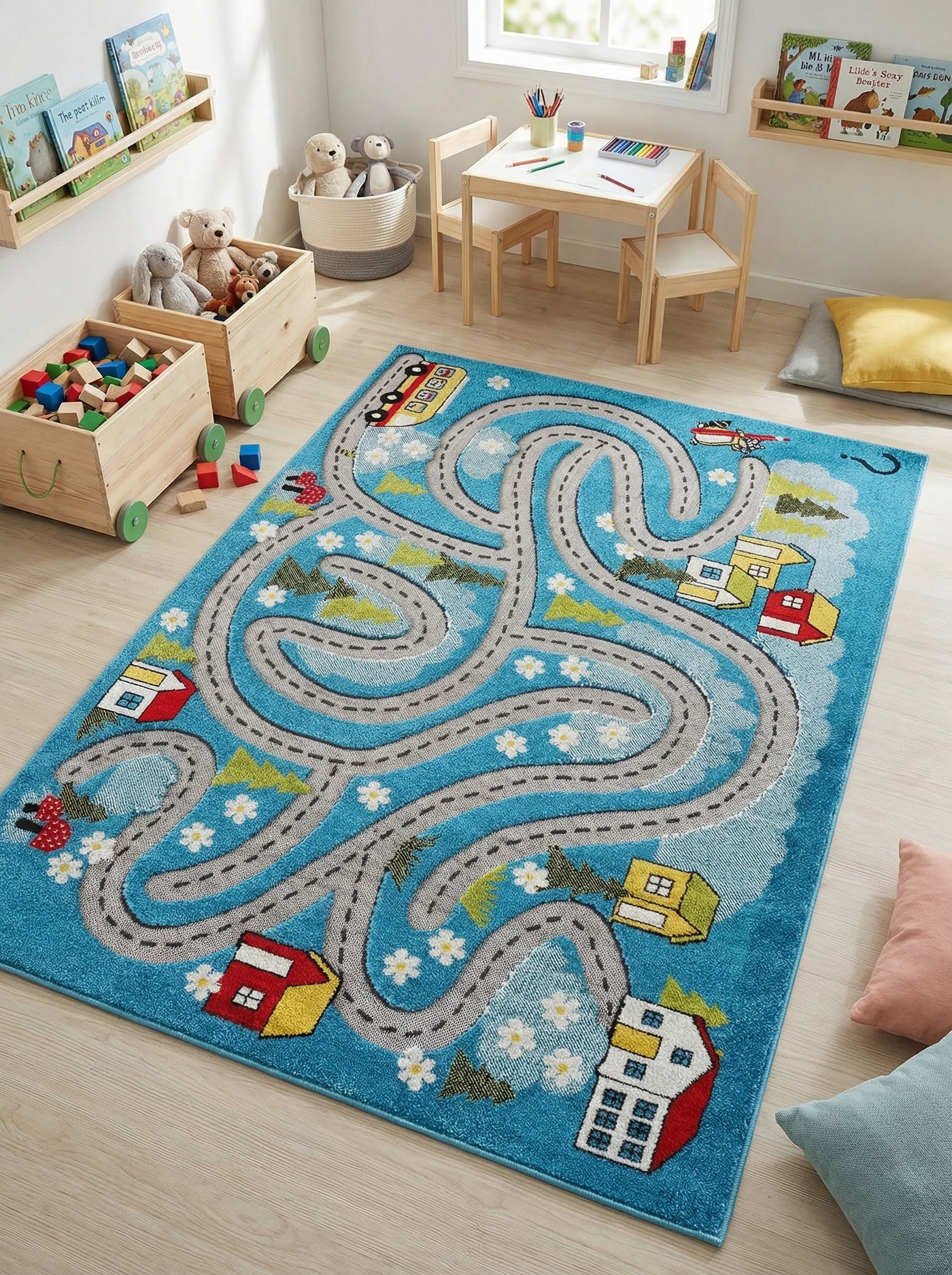 Tapis bleu aux motifs de routes grises, maisons, bus et collines vertes sur un parquet clair dans une chambre d'enfant