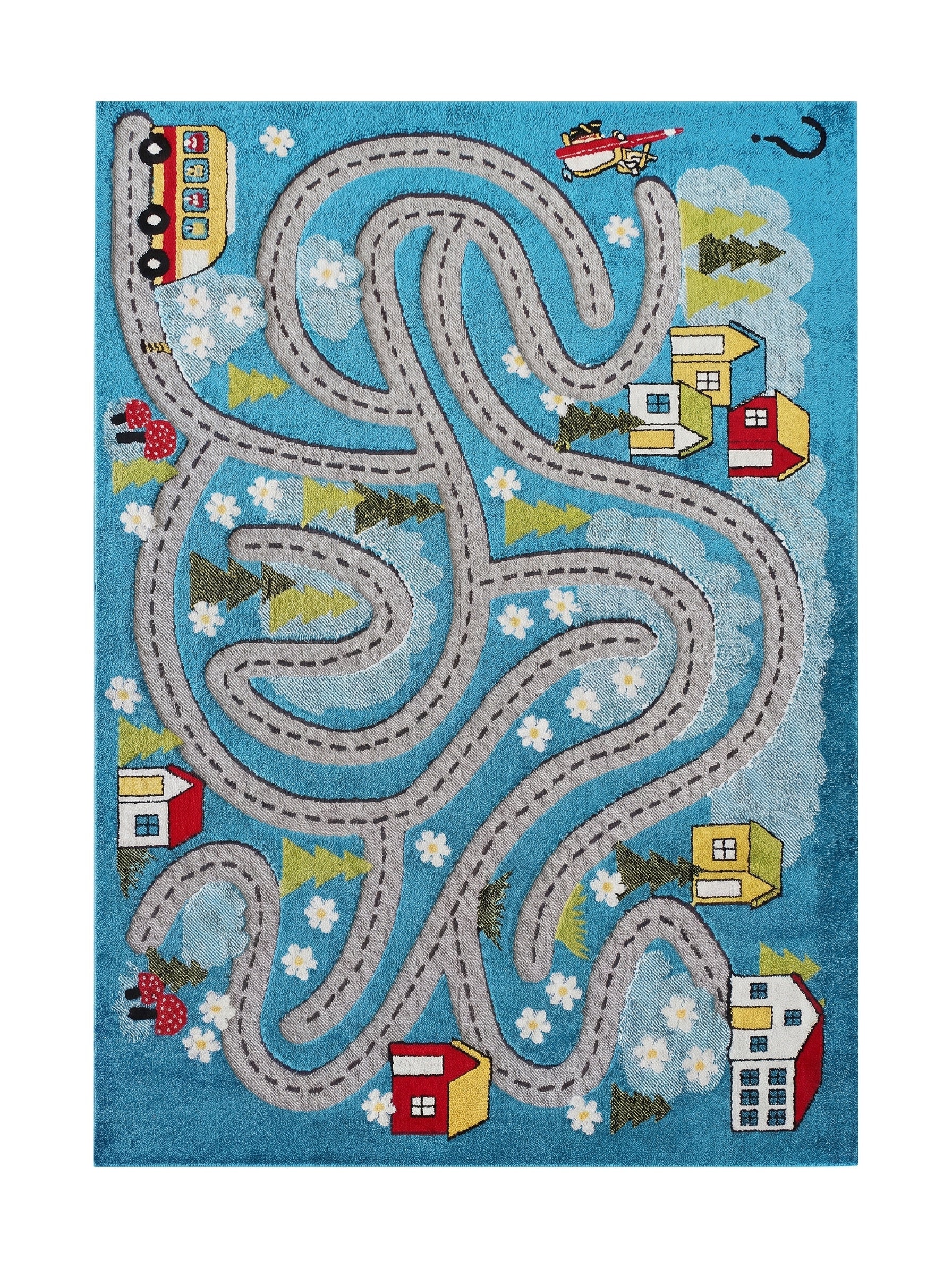 Tapis bleu vif avec une route grise sinueuse, des maisons, des arbres, des fleurs et des véhicules colorés