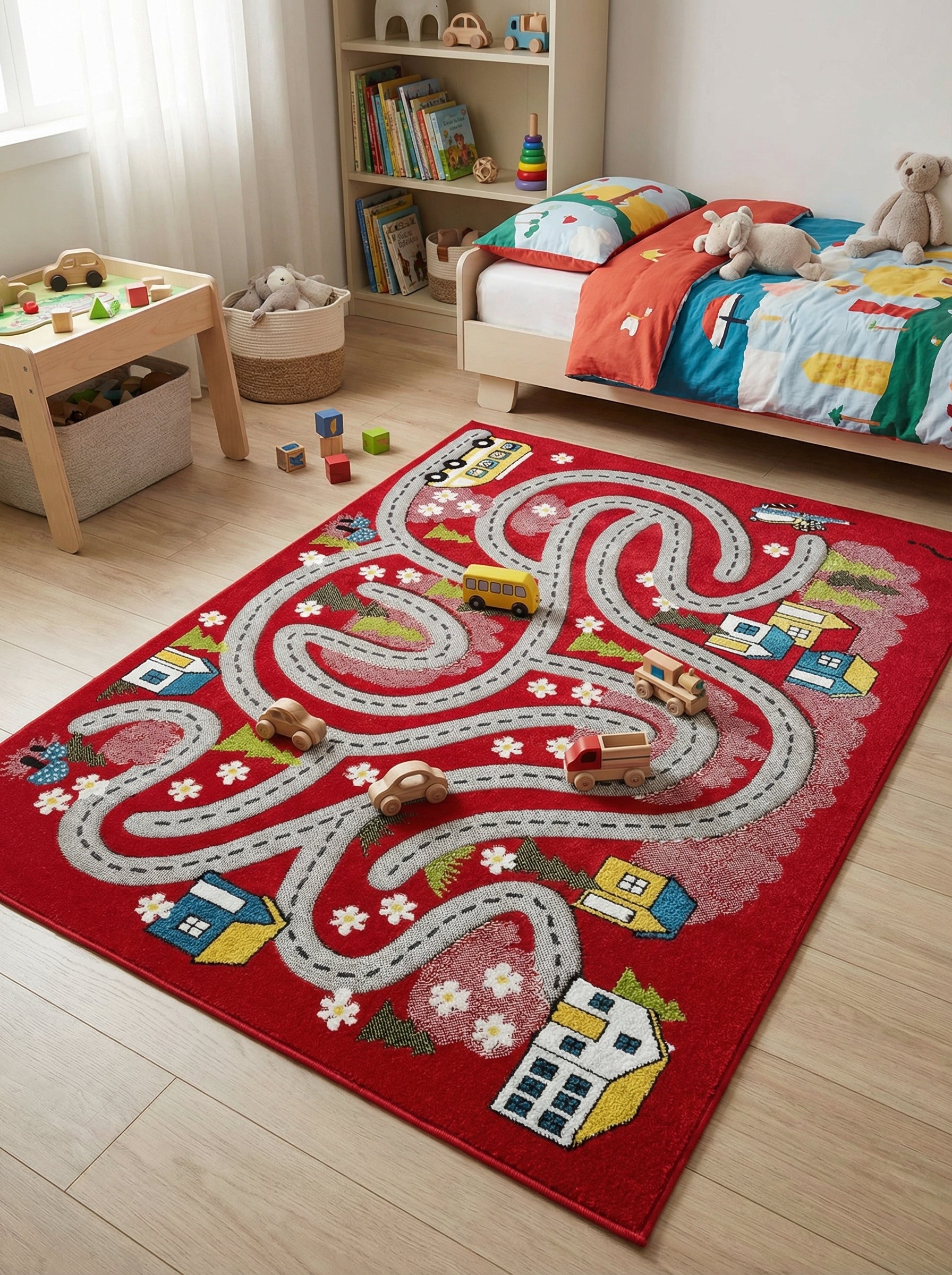 Tapis rectangulaire rouge à motifs de routes grises sinueuses, maisons colorées, fleurs et paysages verts, dans une chambre d'enfant