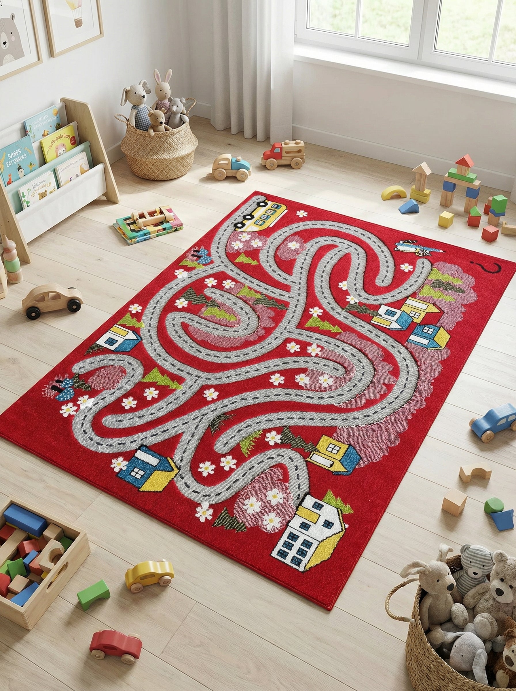 Tapis rouge rectangulaire orné d'un tracé de routes grises, de maisons, d'arbres, de fleurs, d'un bus et d'un hélicoptère, dans une chambre d'enfant