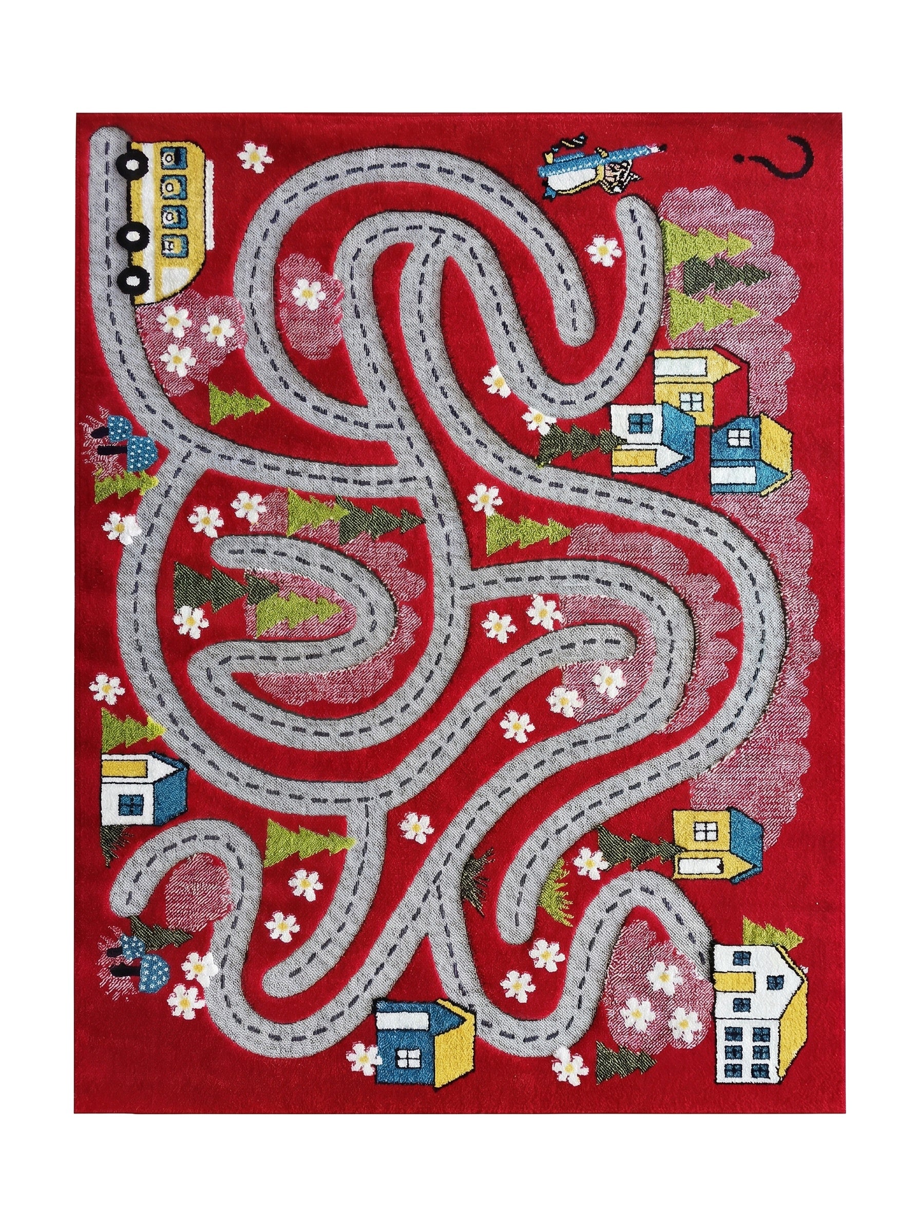 Tapis rouge ludique avec un circuit routier gris, des maisons, des arbres, des fleurs, un bus et un hélicoptère