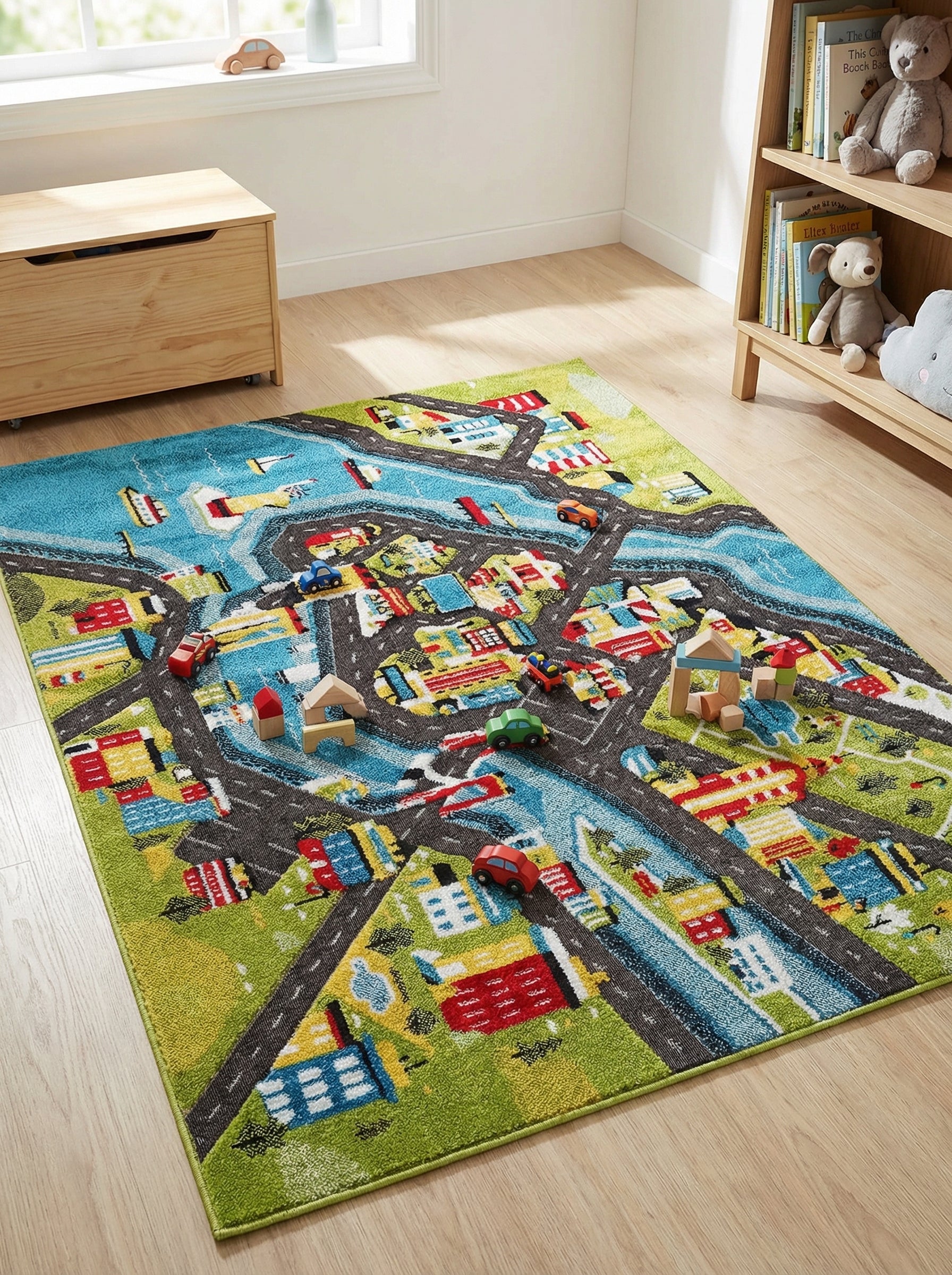 Tapis rectangulaire en tissu aux couleurs vives, motif de carte de ville avec routes, eau et bâtiments, parsemé de jouets, dans une chambre d'enfant