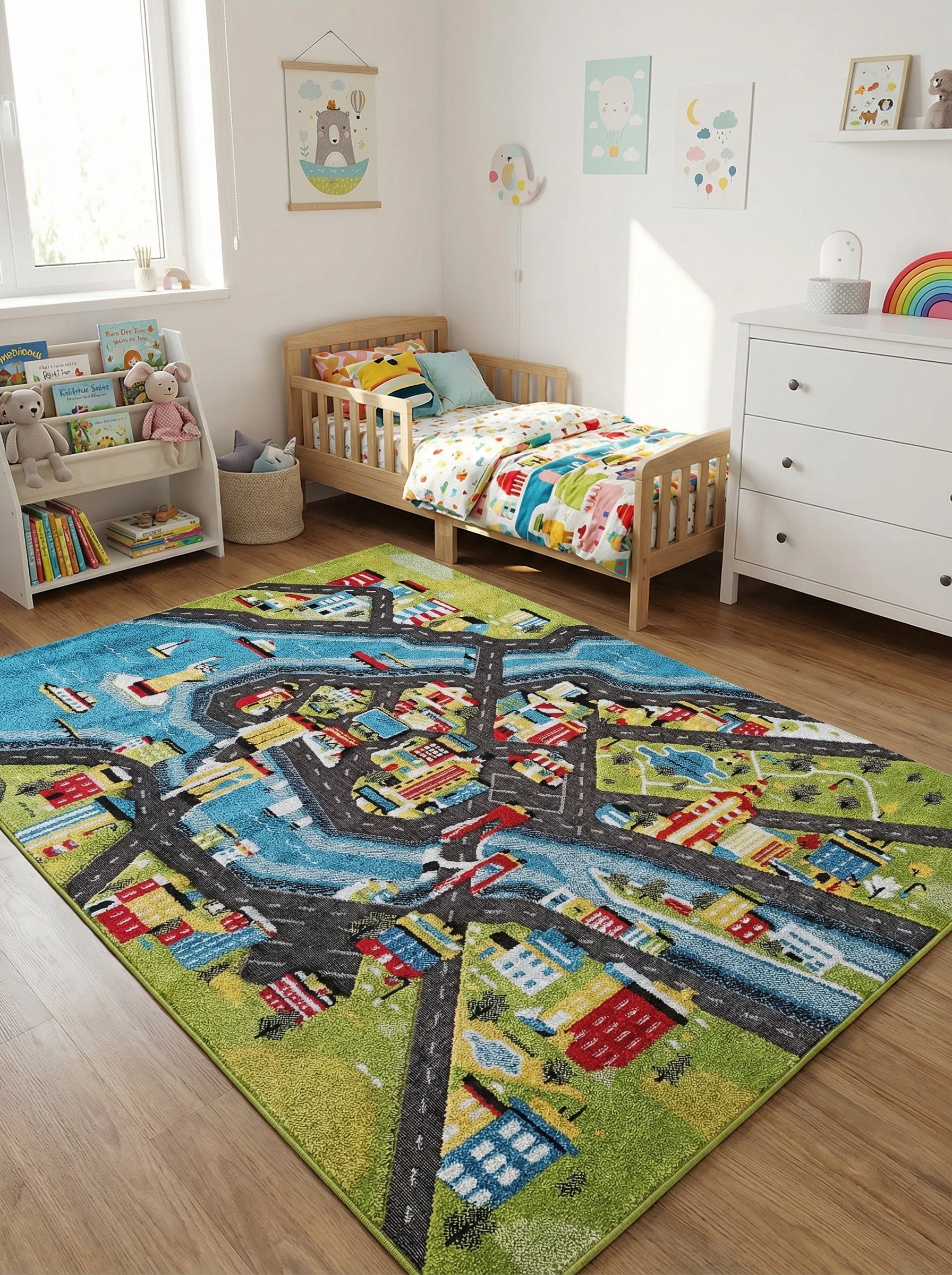 Tapis rectangulaire coloré à motifs de ville avec routes, bâtiments, rivières et véhicules, posé sur parquet dans une chambre d'enfant