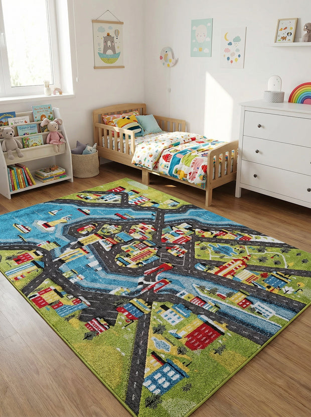 Kindervloerkleed Wegen Groen en Blauw - Konfeti