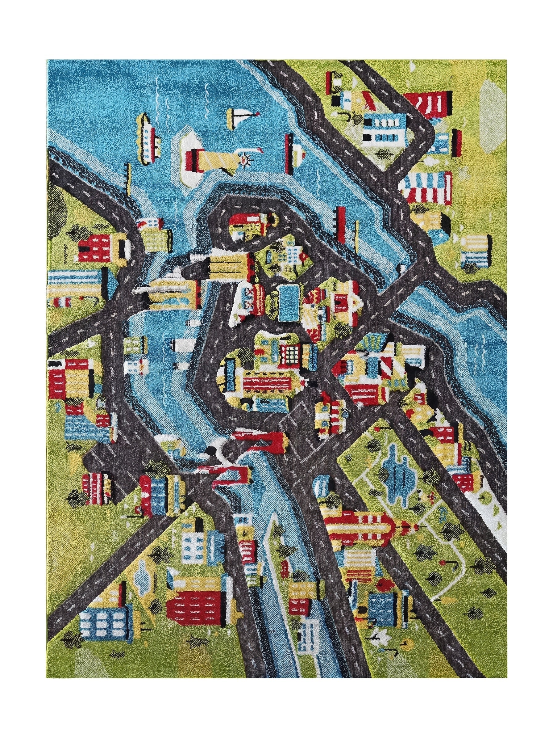 Tapis textile coloré représentant une carte de ville avec des routes, des rivières, des bâtiments multicolores et des parcs verts