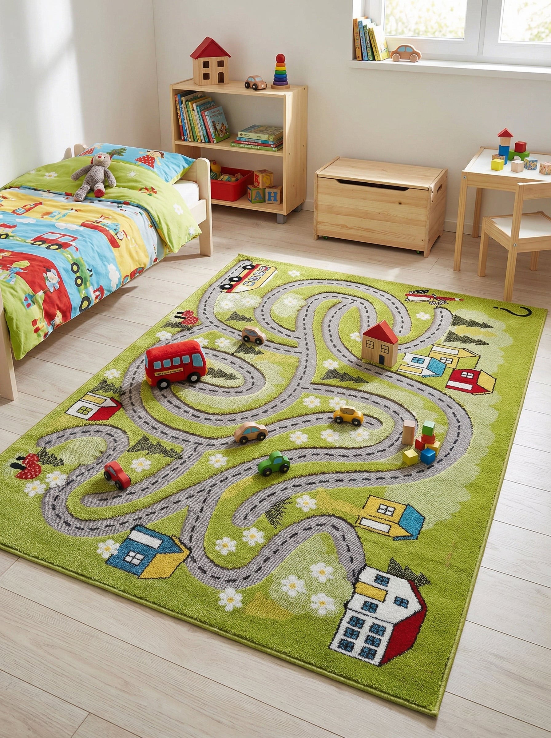 Tapis vert clair à motifs de routes sinueuses, maisons colorées, arbres et fleurs, parsemé de jouets, dans une chambre d'enfant