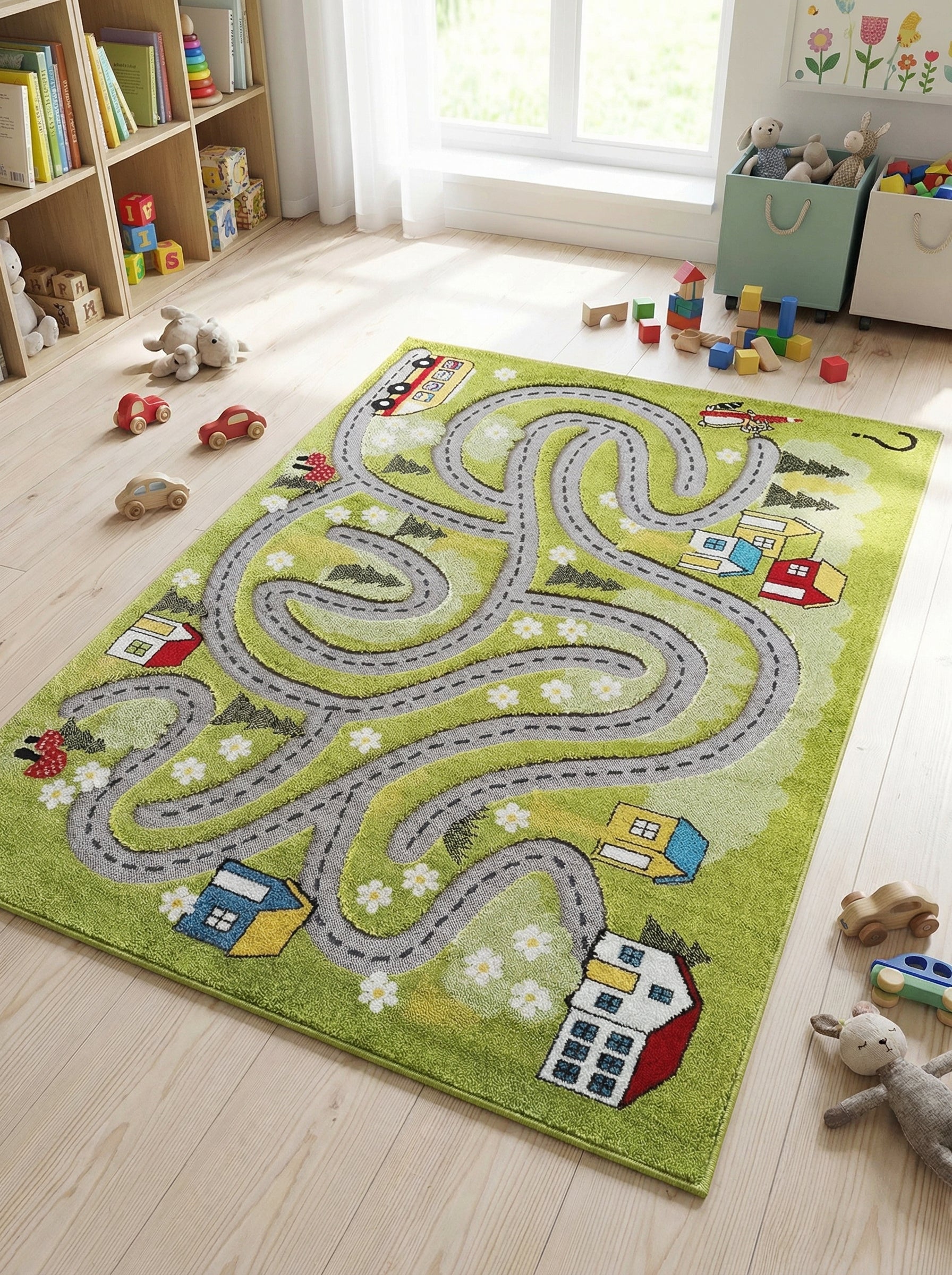 Tapis rectangulaire vert avec un motif de routes sinueuses, maisons colorées et fleurs blanches sur un sol en bois clair dans une chambre d'enfant
