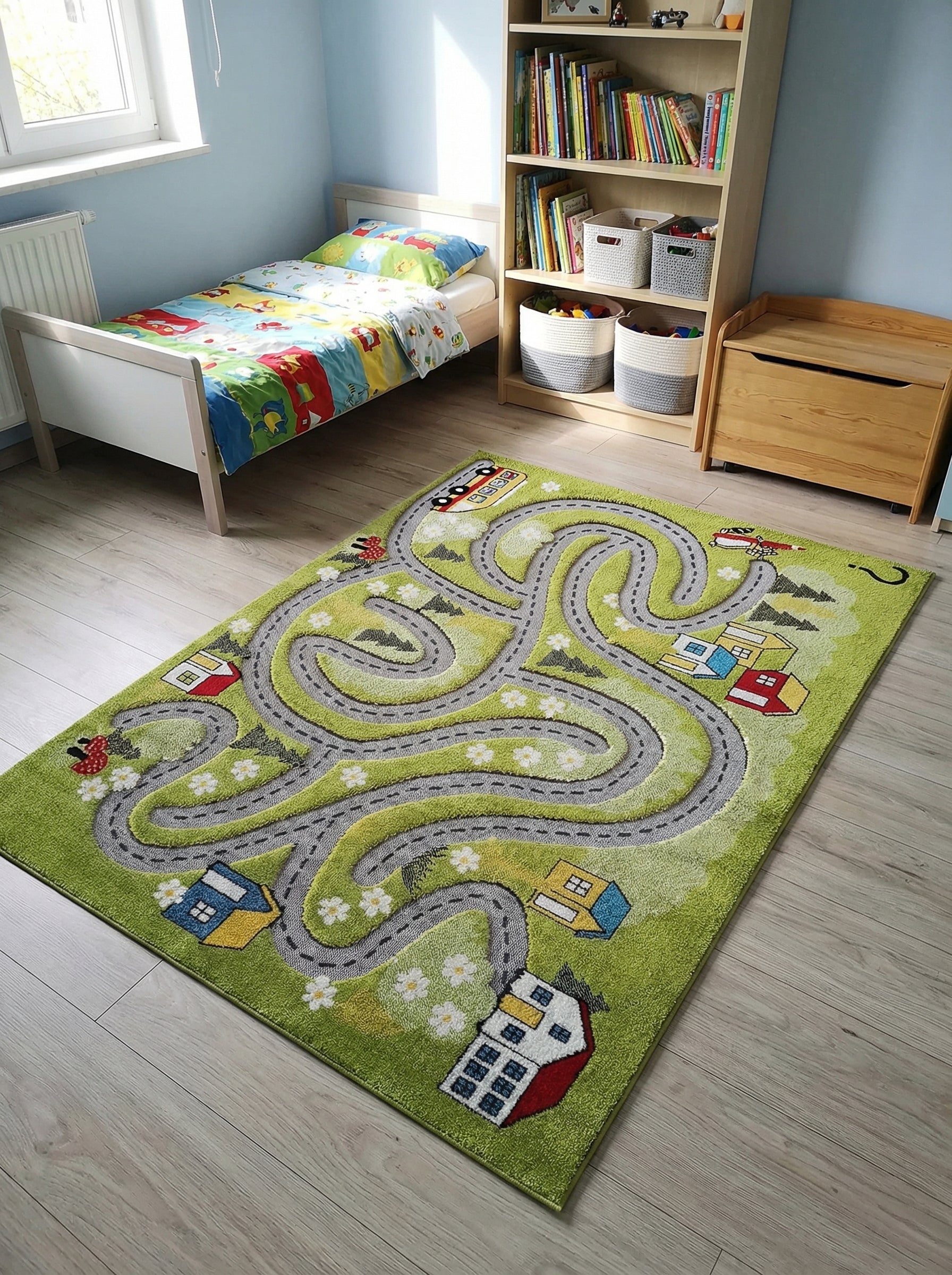 Tapis rectangulaire vert clair à motifs de routes grises sinueuses, maisons colorées et fleurs blanches, dans une chambre d'enfant