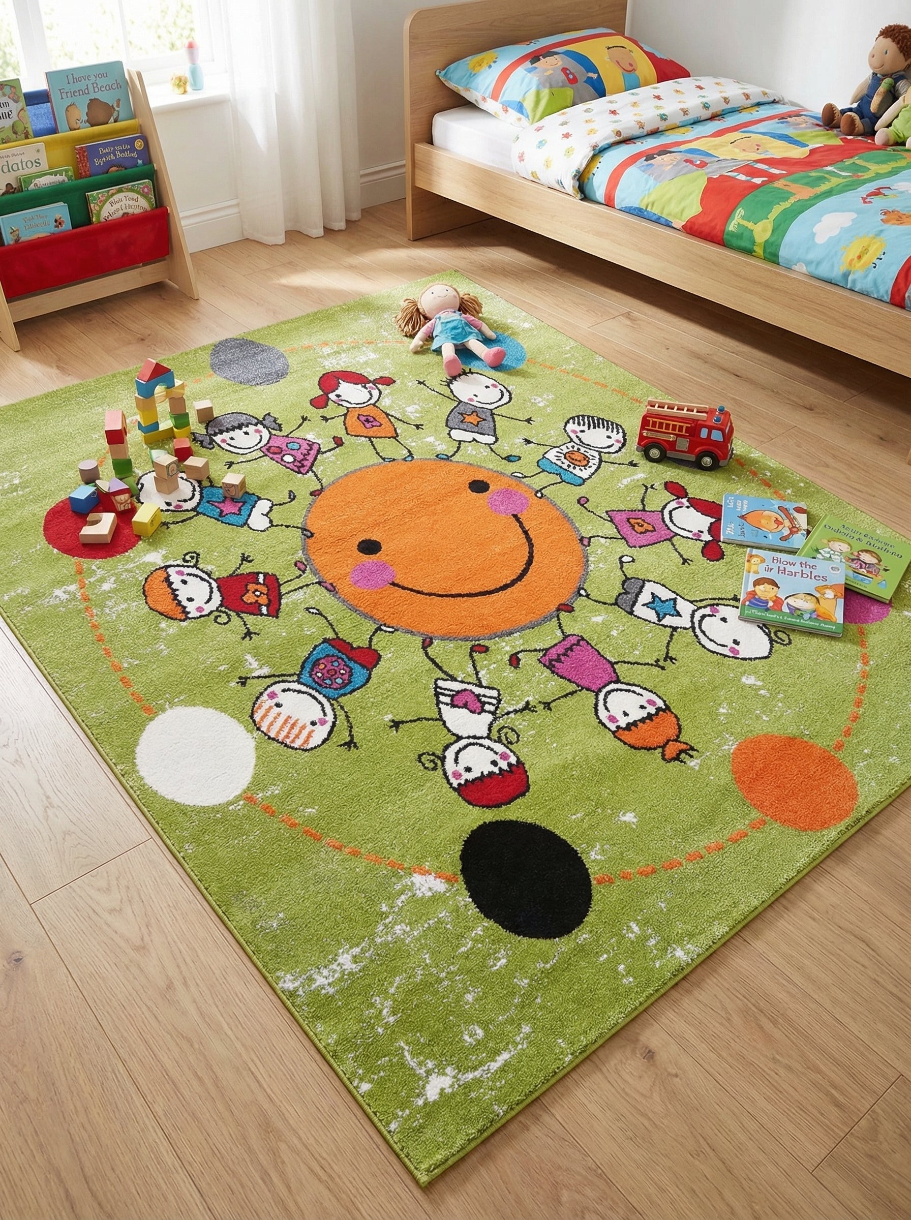 Tapis rectangulaire vert vif avec un grand smiley orange central et des enfants souriants en farandole, dans une chambre d'enfant