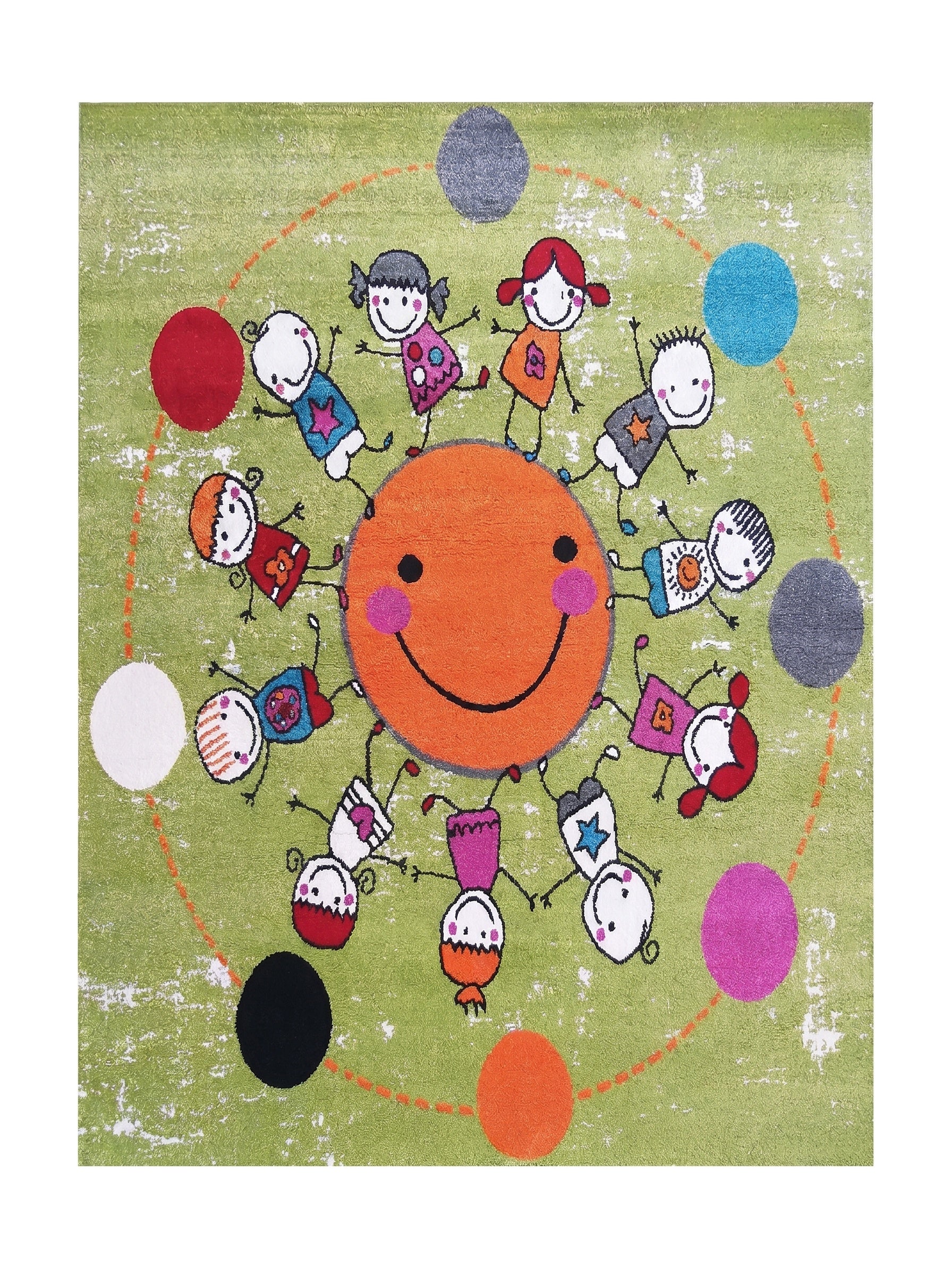 Tapis vert clair texturé, avec un grand visage souriant orange au centre, entouré d'enfants colorés et de cercles multicolores