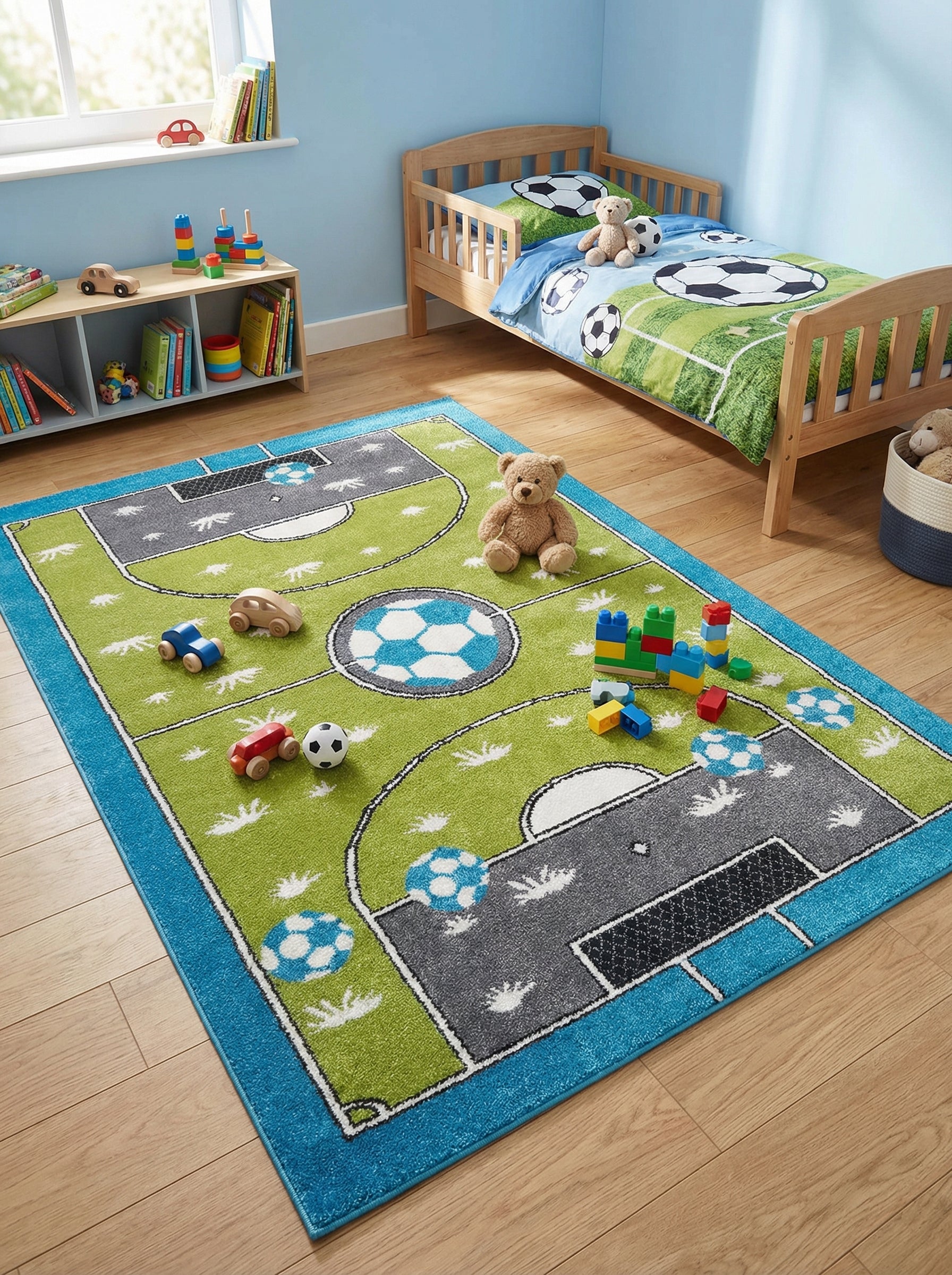 Tapis rectangulaire vert clair et gris figurant un terrain de football avec ballons bleus et blancs, bordé de turquoise, dans une chambre d'enfant