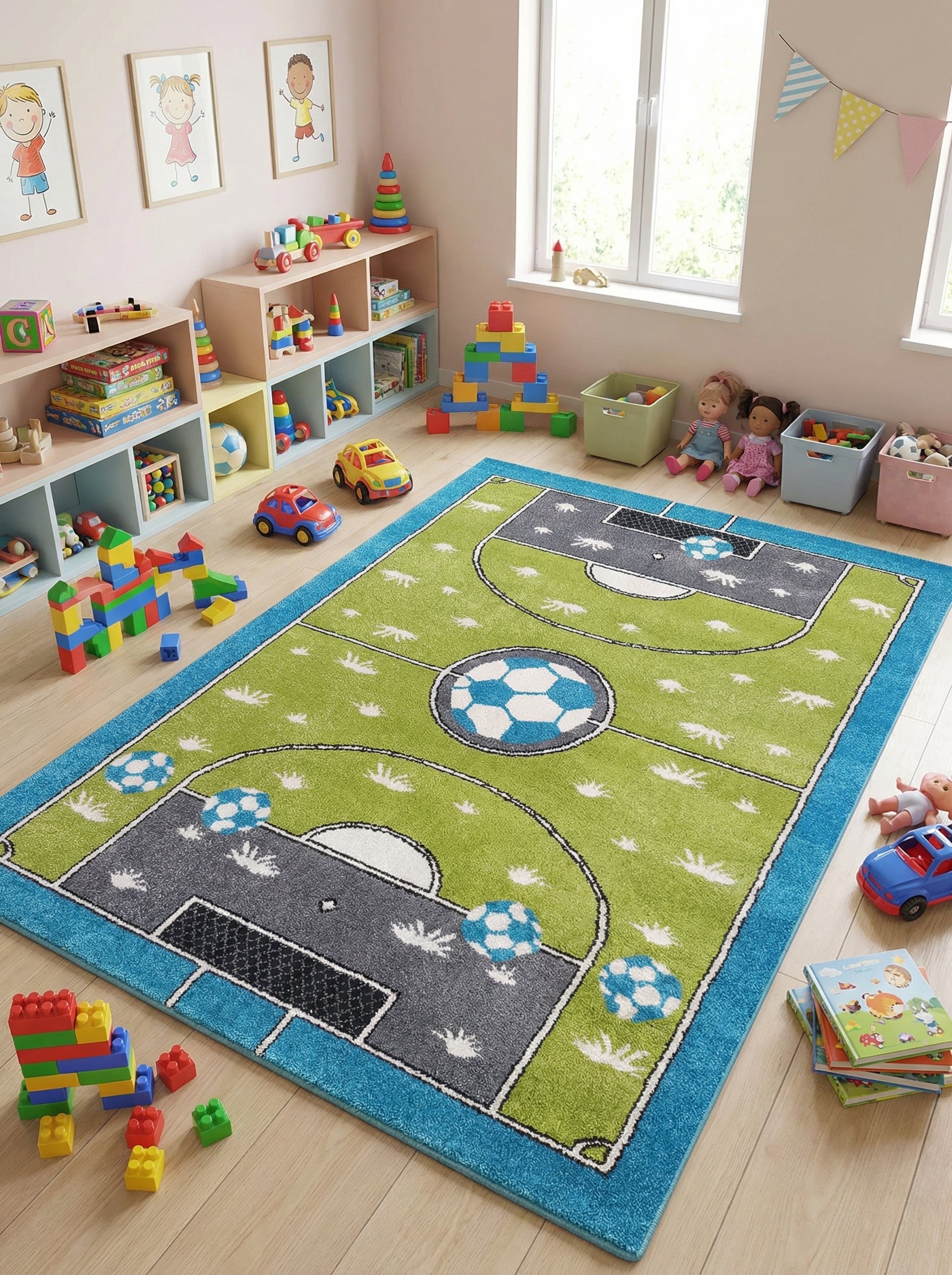 Tapis rectangulaire vert et bleu représentant un terrain de football avec des ballons, posé sur le sol d'une chambre d'enfant