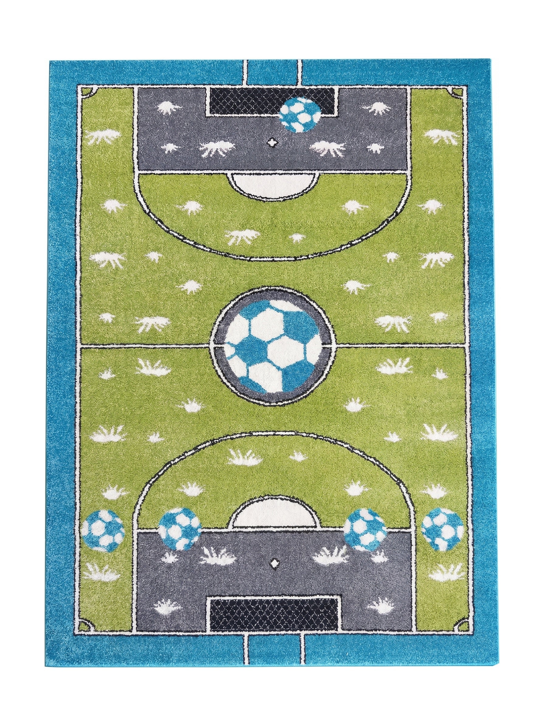 Tapis en textile vert, bleu et gris, motif terrain de football stylisé avec buts, ballons et marques d'herbe