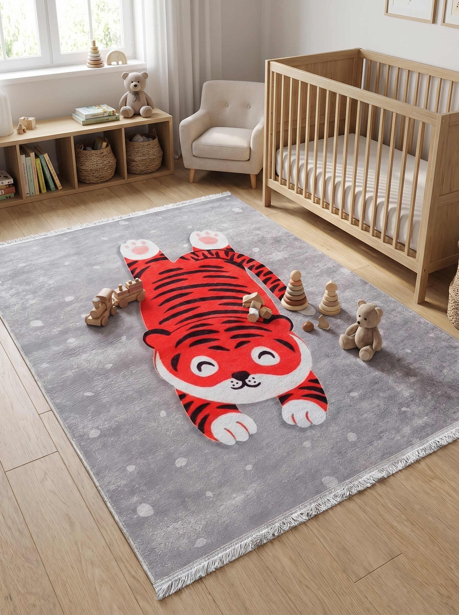 Tapis doux rectangulaire gris à points blancs, orné d'un tigre rouge et noir allongé sur le dos, dans une chambre d'enfant