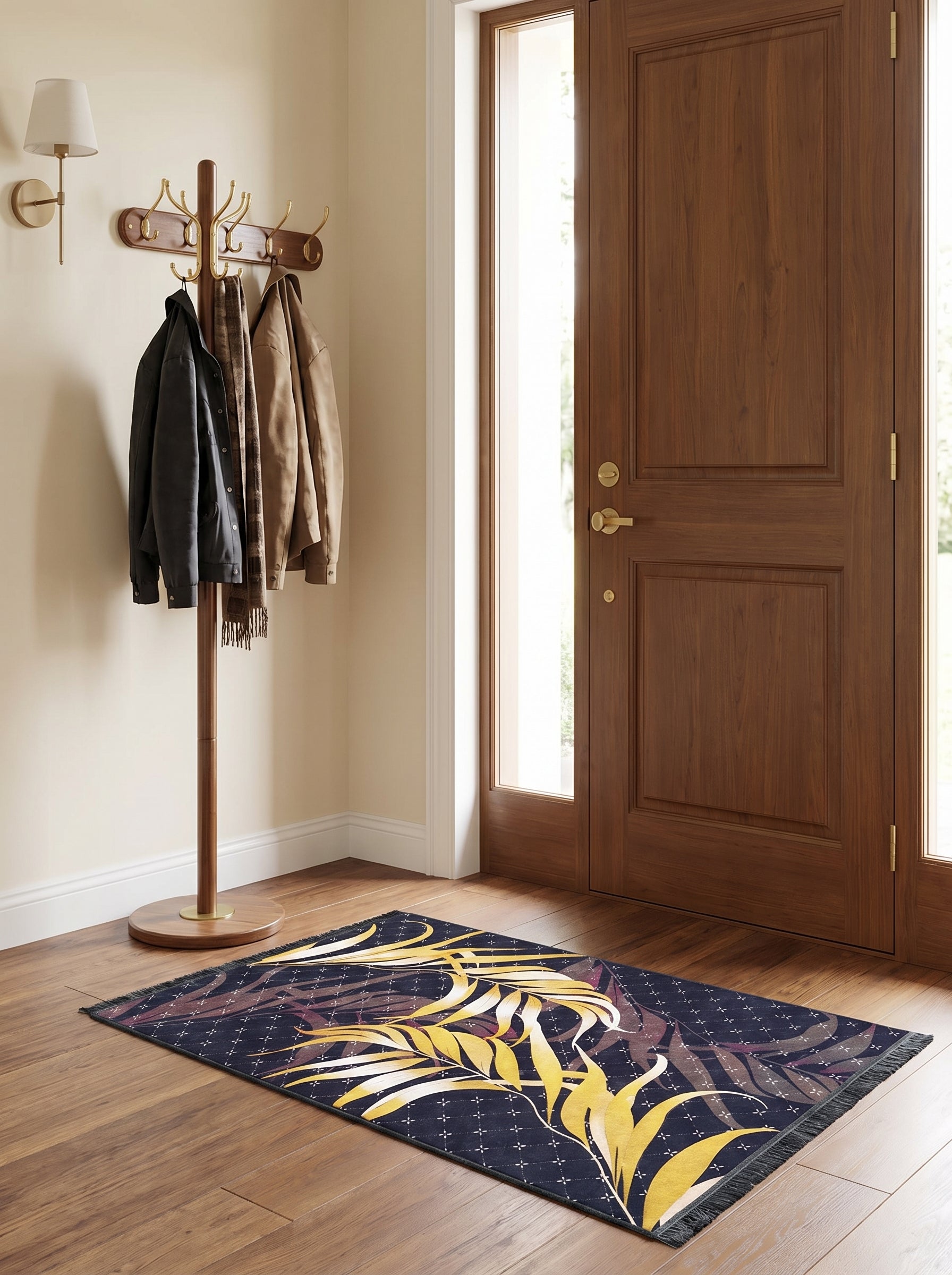 Tapis rectangulaire bleu foncé à motifs de grandes feuilles jaunes, blanches et prune, avec un quadrillage de croix blanches, posé dans une entrée