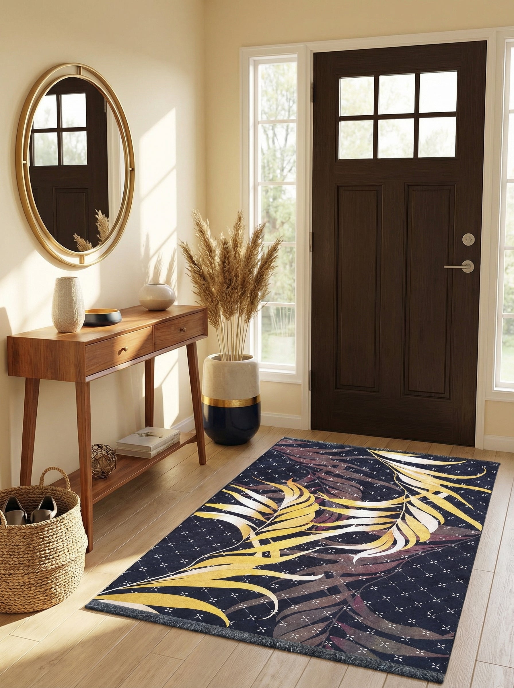 Tapis rectangulaire bleu nuit orné de grandes feuilles de palmier jaunes, dorées et bordeaux, avec un motif géométrique discret, posé sur un parquet d'entrée