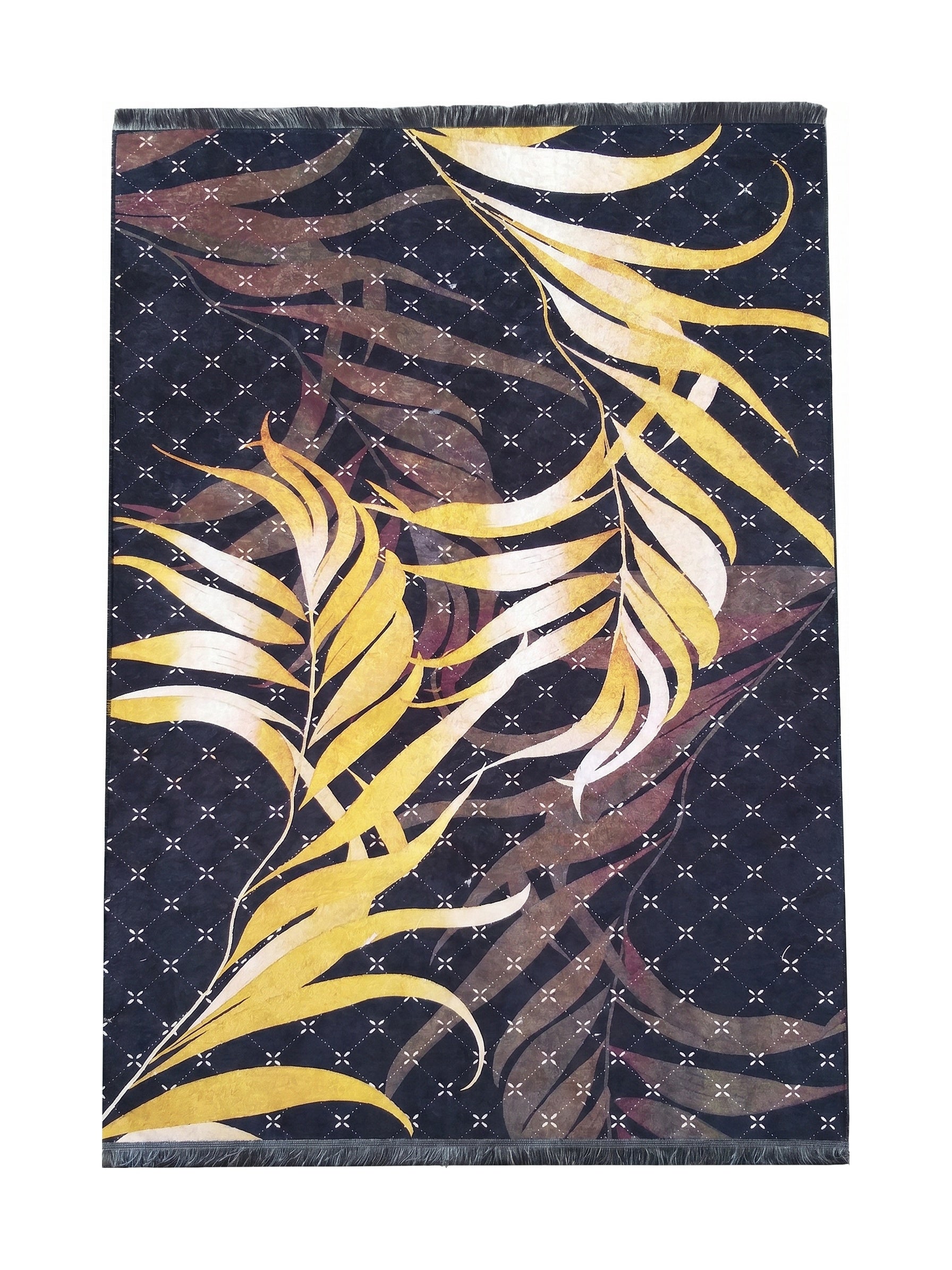 Tapis bleu marine avec de grandes feuilles stylisées jaunes, crème et brunes, sur un motif géométrique de croix blanches, bordé de franges
