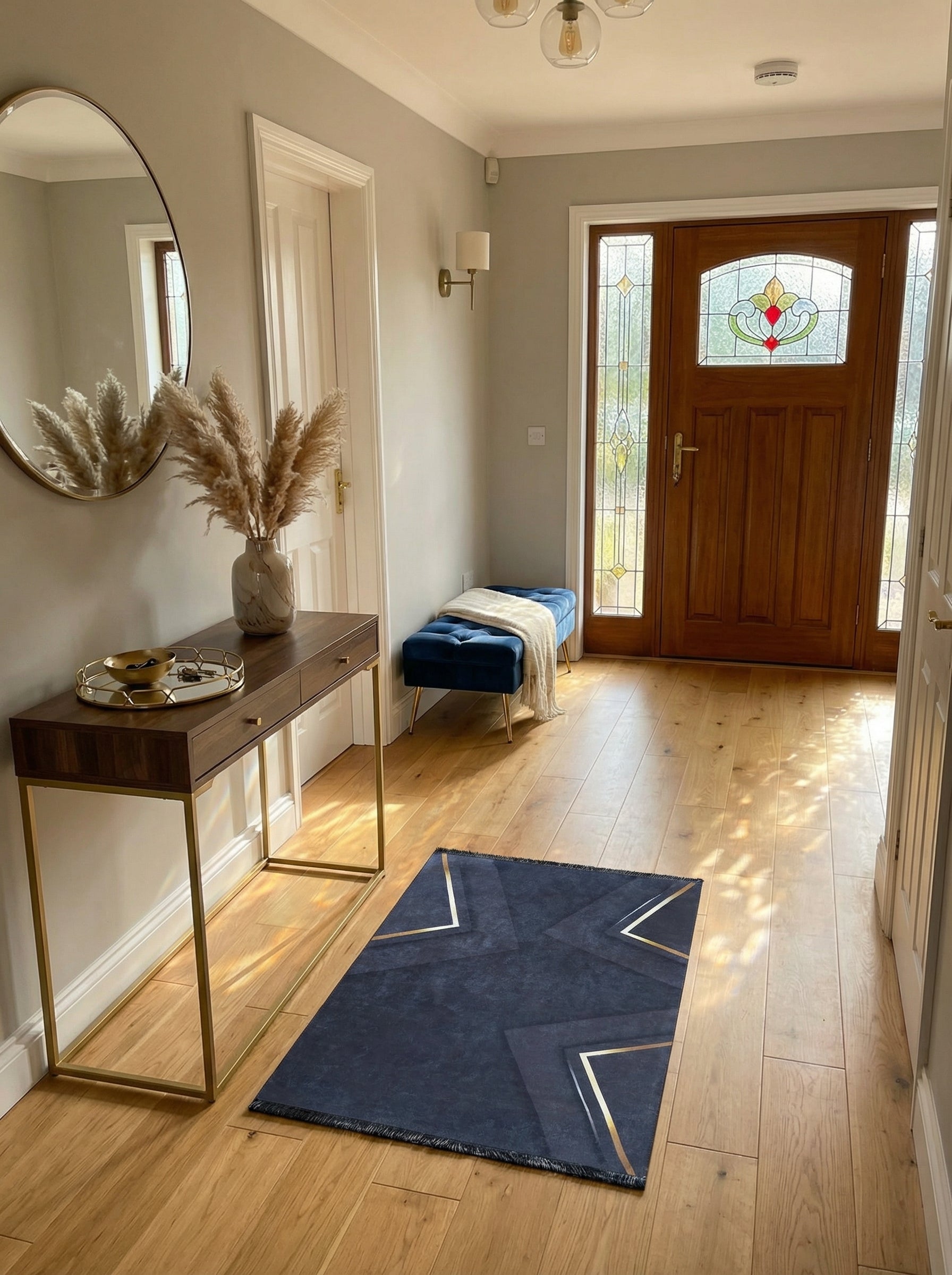 Tapis rectangulaire bleu marine à motifs géométriques dorés avec franges, posé sur un parquet clair dans une entrée