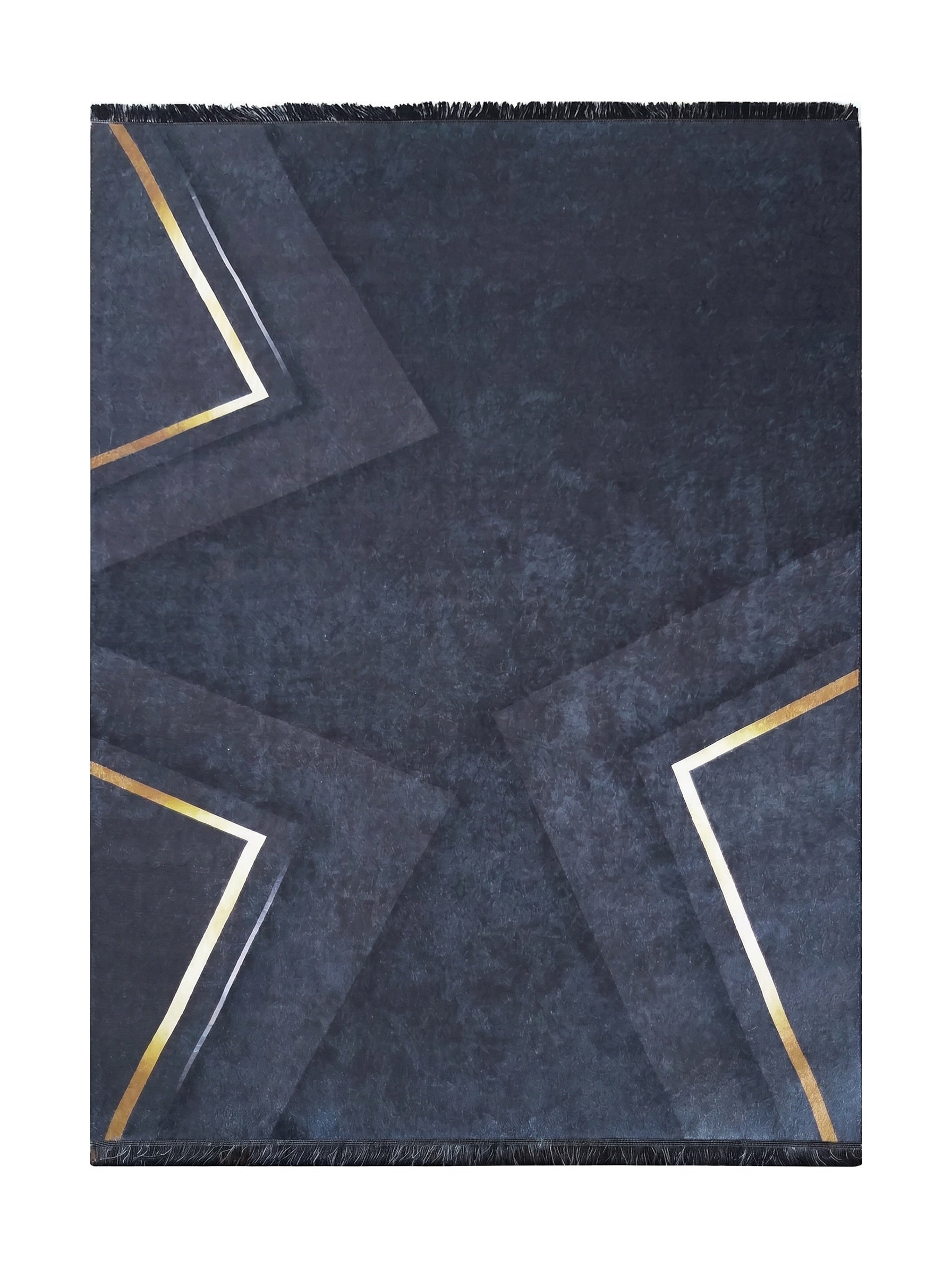 Tapis bleu-gris foncé texturé, orné de motifs géométriques dorés et argentés avec des franges