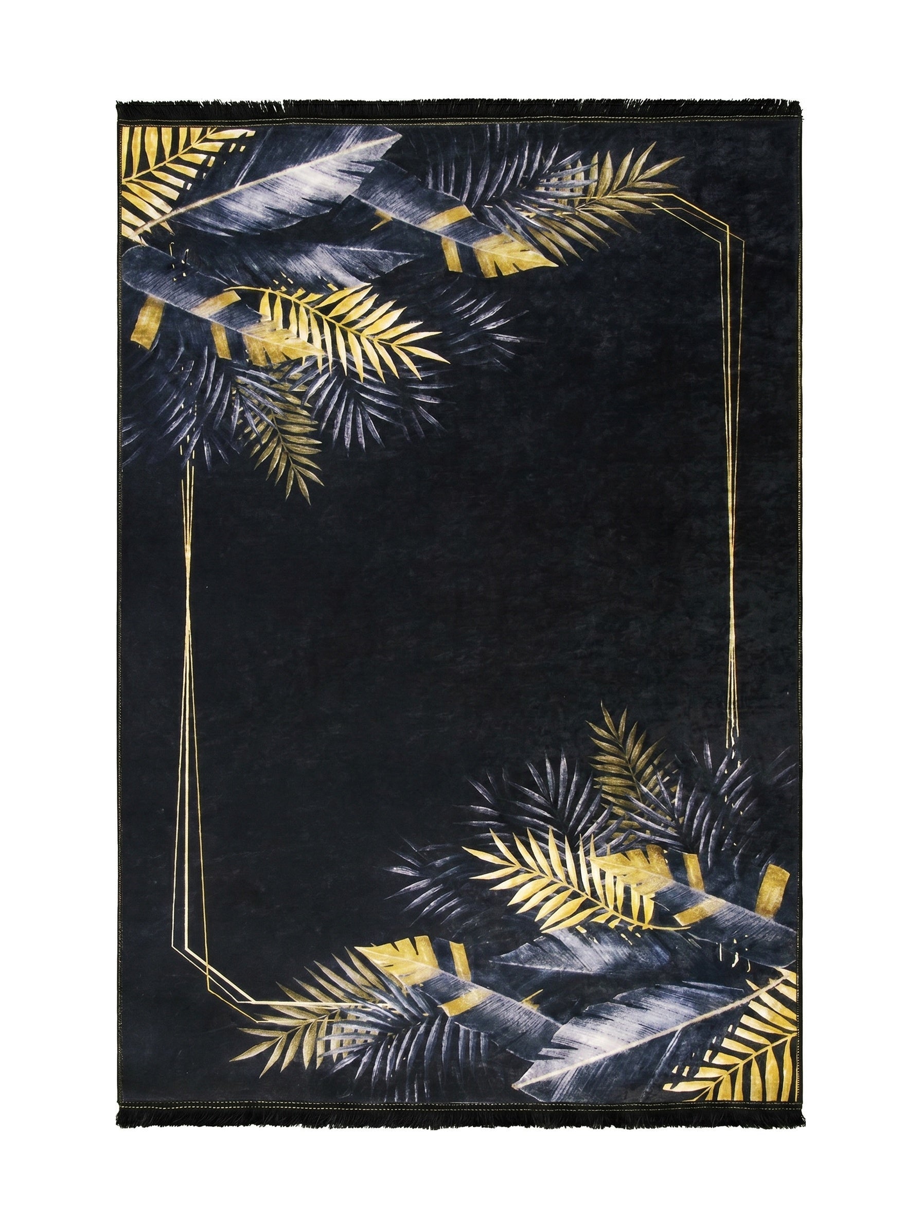 Tapis rectangulaire noir orné de feuilles de palmier dorées et grises, avec un cadre géométrique doré et des franges noires
