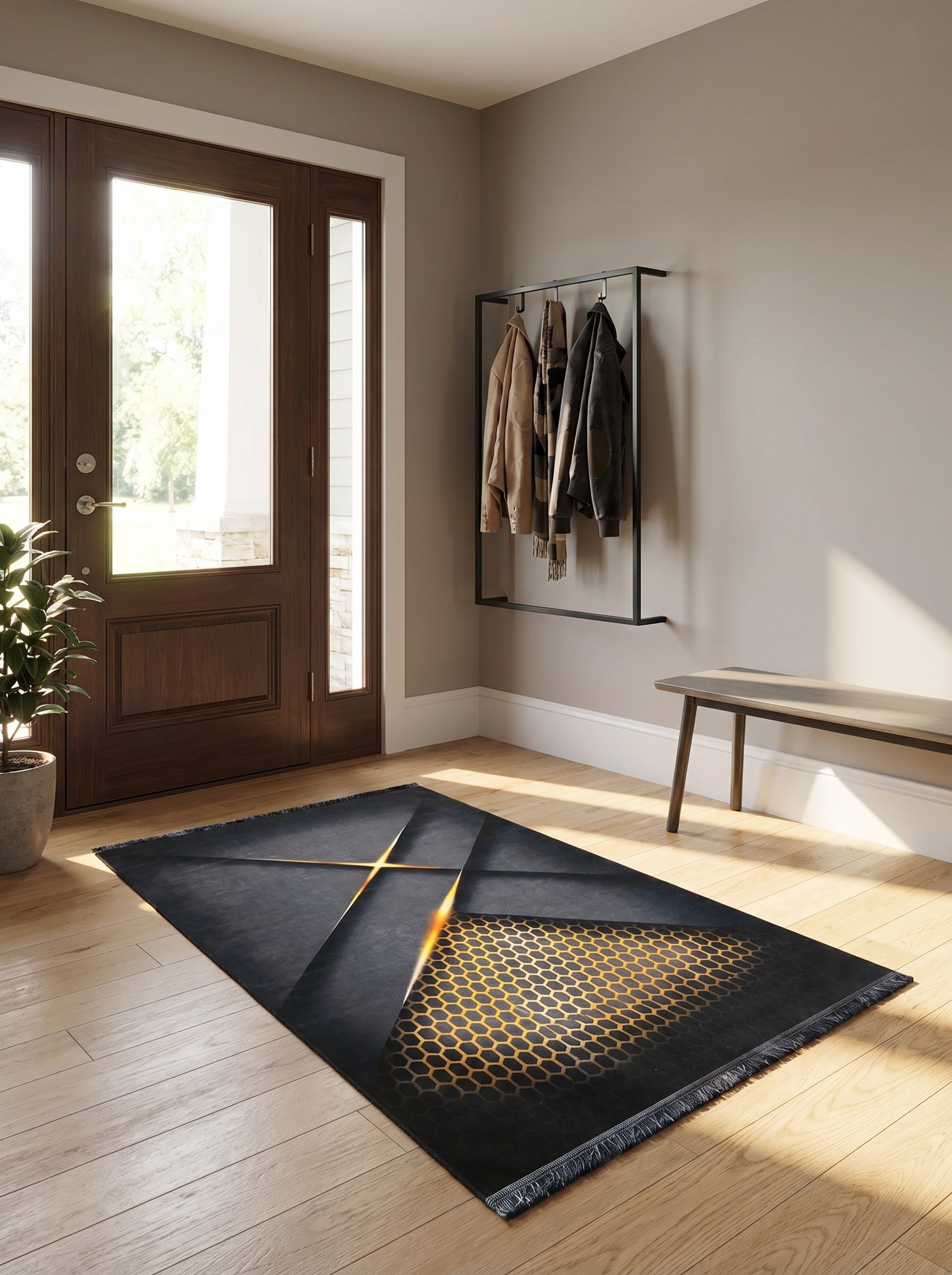Tapis rectangulaire gris anthracite avec motifs géométriques dorés lumineux, dont un nid d'abeille, bordé de franges, dans une entrée au sol parqueté clair