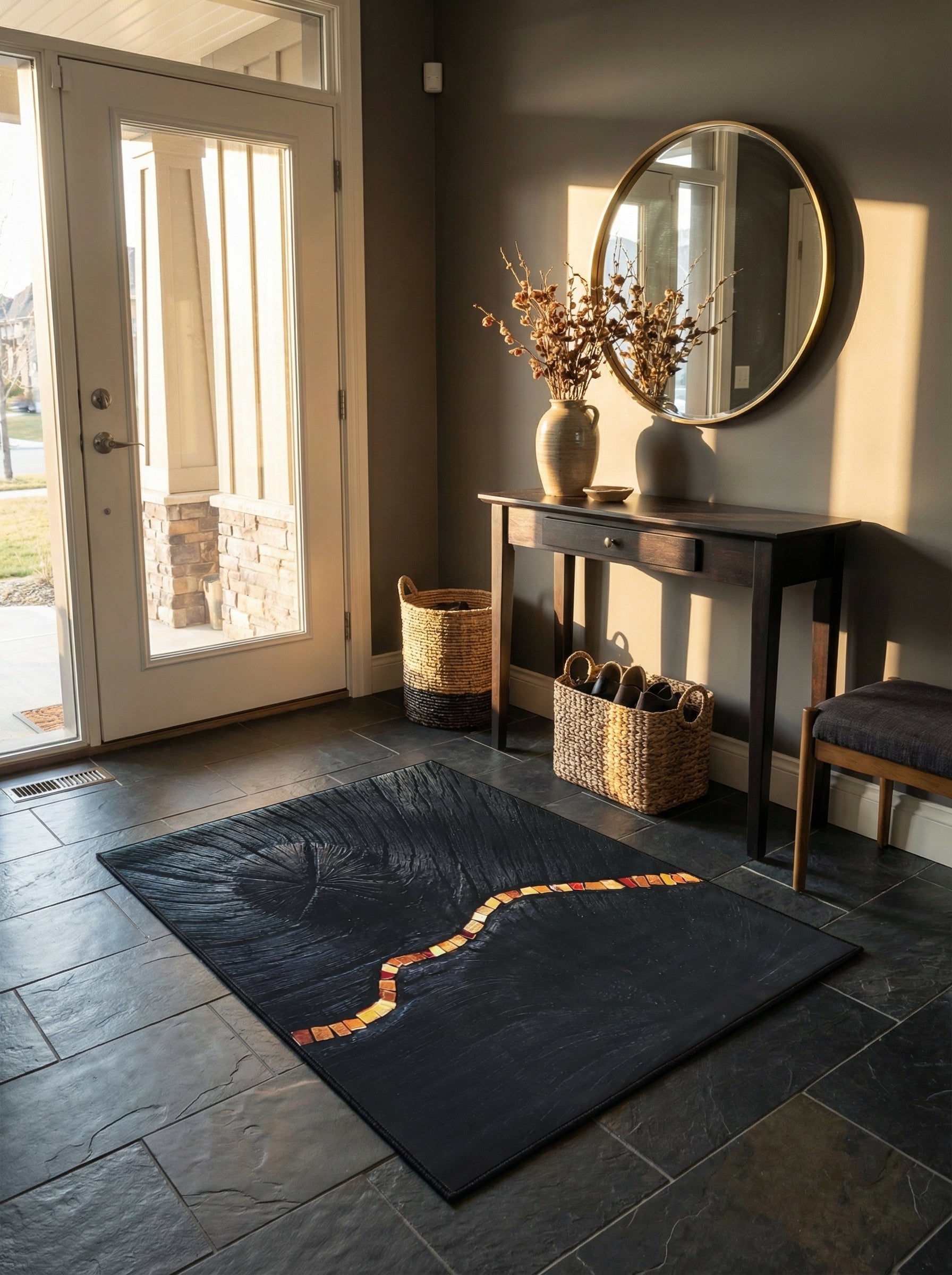 Tapis rectangulaire gris anthracite texturé de motifs circulaires, avec une bande ondulée de carreaux oranges et jaunes, dans une entrée