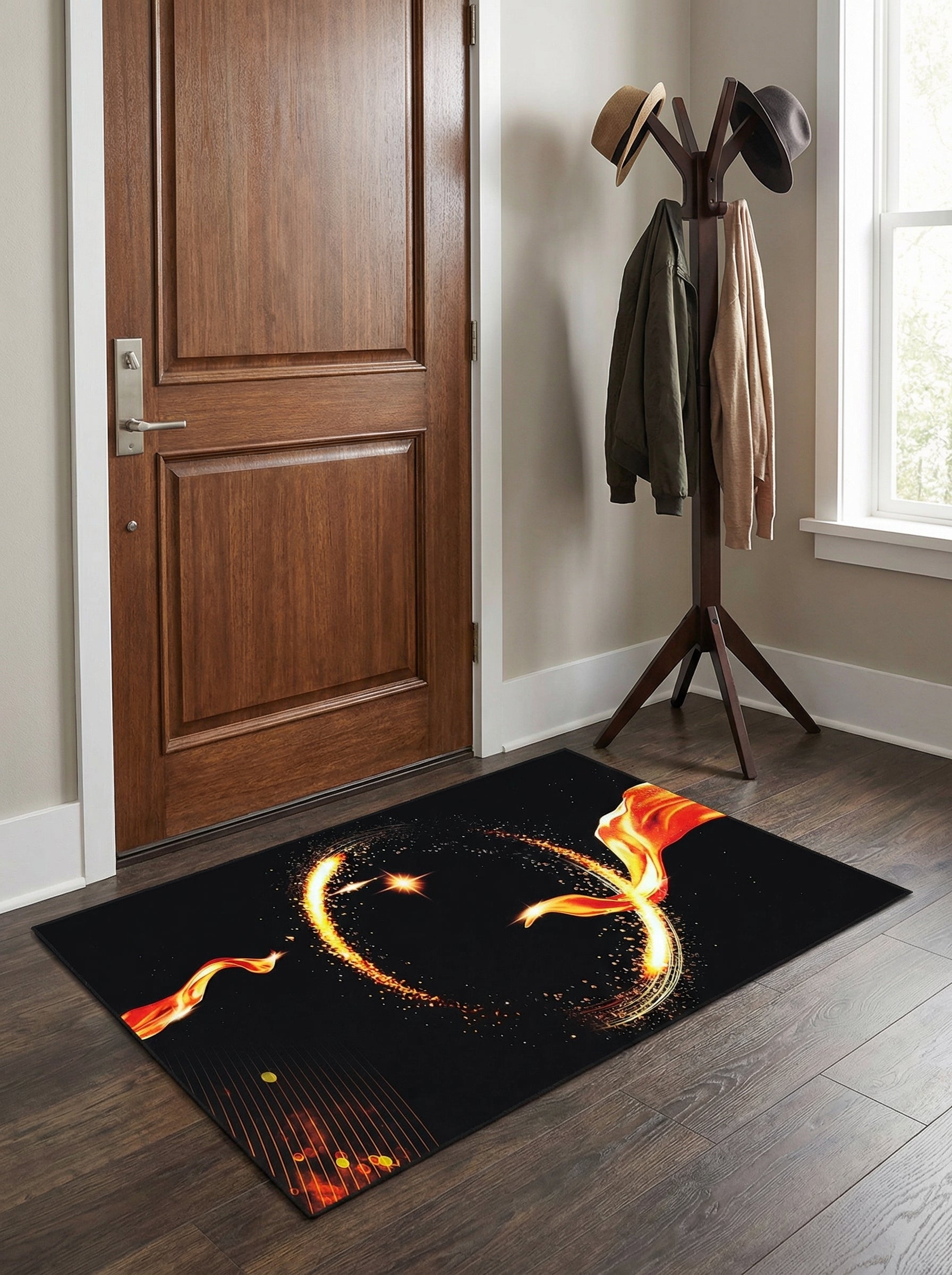 Tapis rectangulaire noir orné de volutes lumineuses dorées et de rubans rouges-orangés, posé sur un parquet dans une entrée