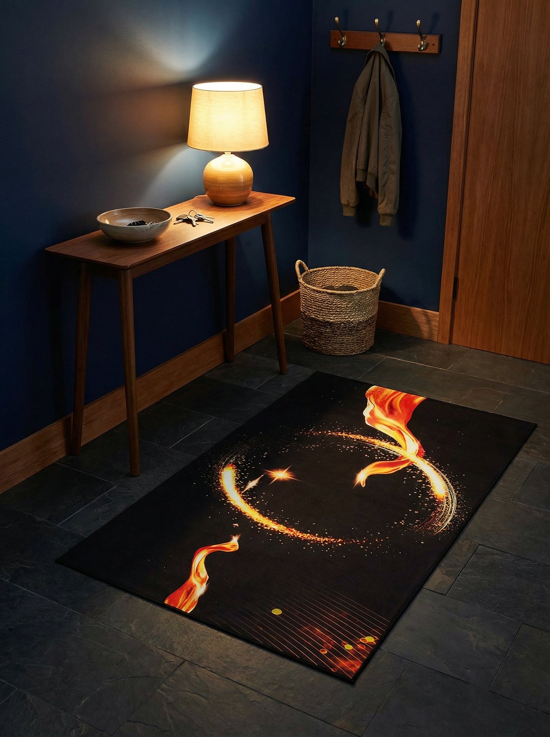 Tapis rectangulaire noir aux motifs lumineux rouge, orange et jaune de flammes et d'étincelles, posé dans une entrée