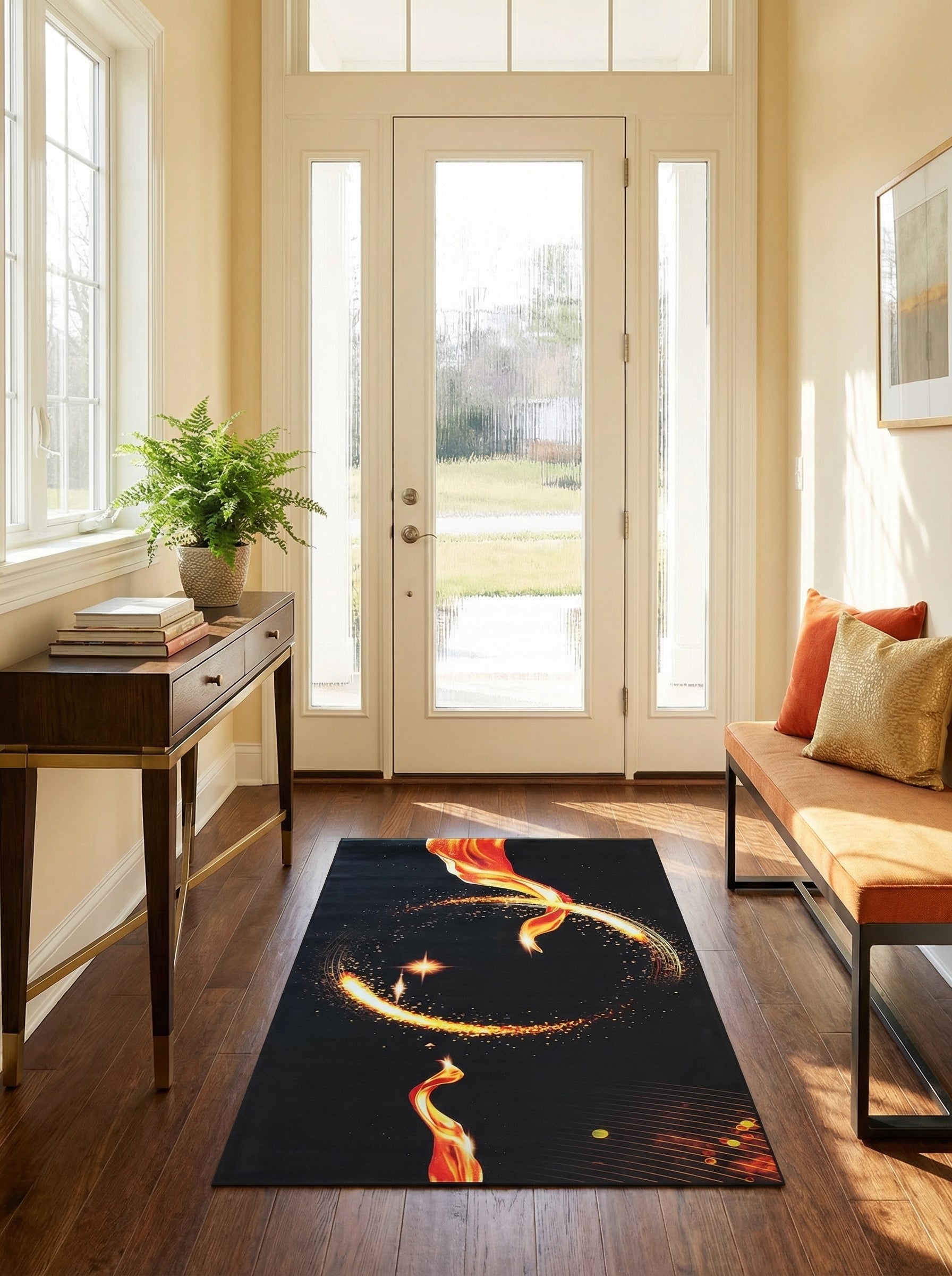 Tapis rectangulaire noir orné de motifs ondulants orange, rouge et or étincelants, évoquant des flammes et des étoiles dans une entrée lumineuse