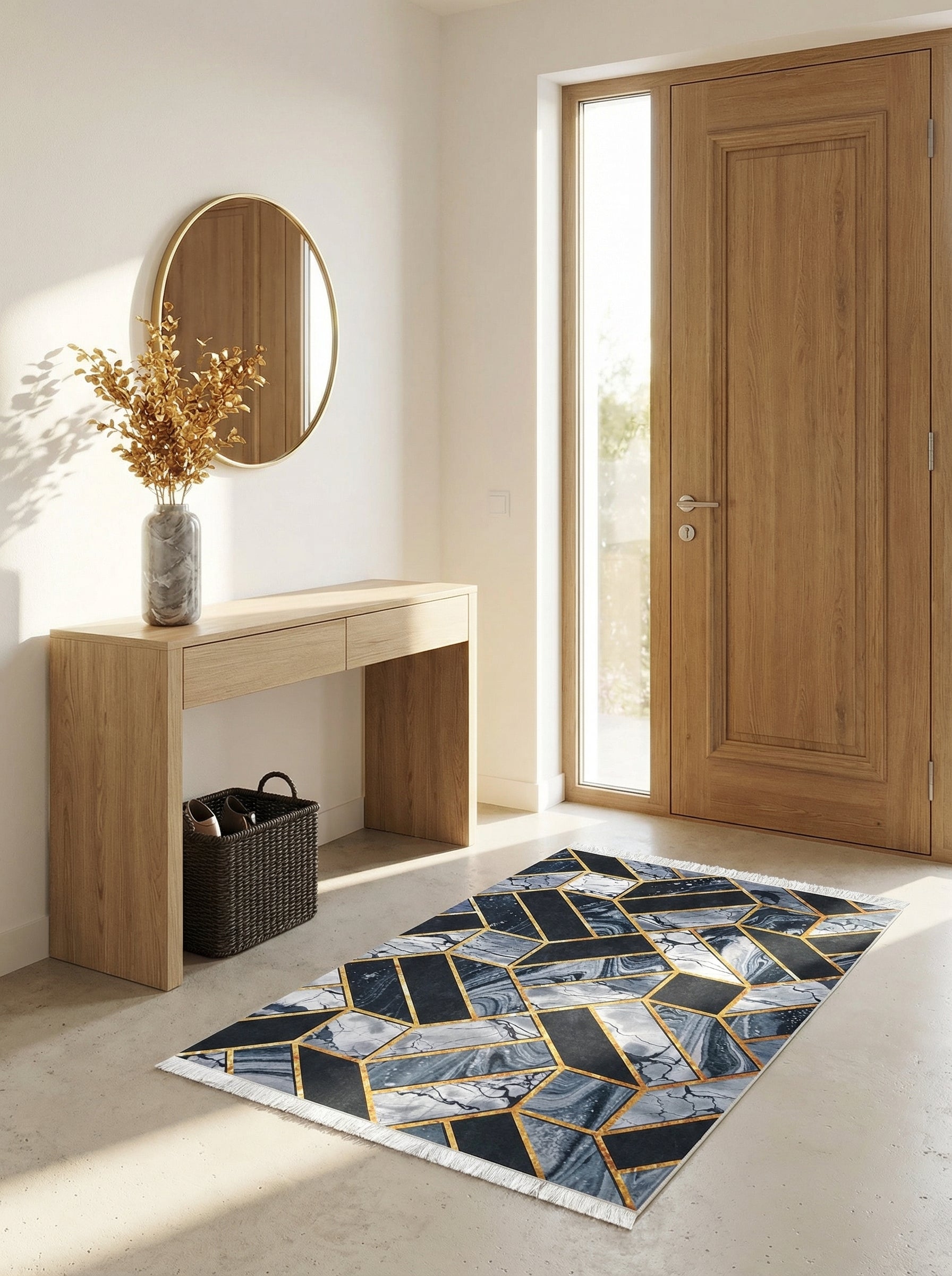 Tapis rectangulaire à franges, motifs géométriques mêlant marbre gris et formes anthracite soulignées d'or, dans une entrée contemporaine