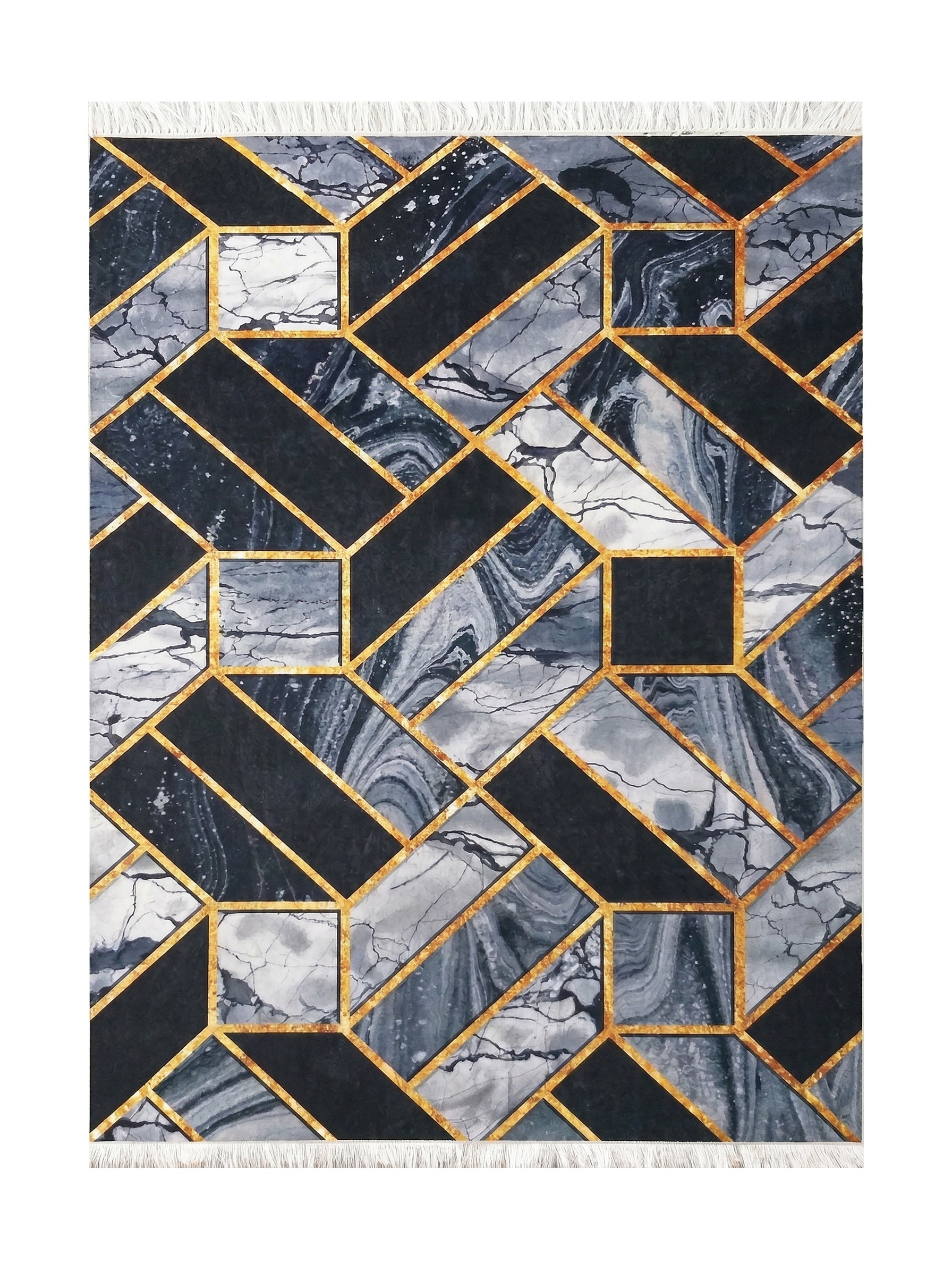 Tapis rectangulaire à motif géométrique de formes marbrées bleues et grises, de blocs noirs, de lignes dorées et franges blanches