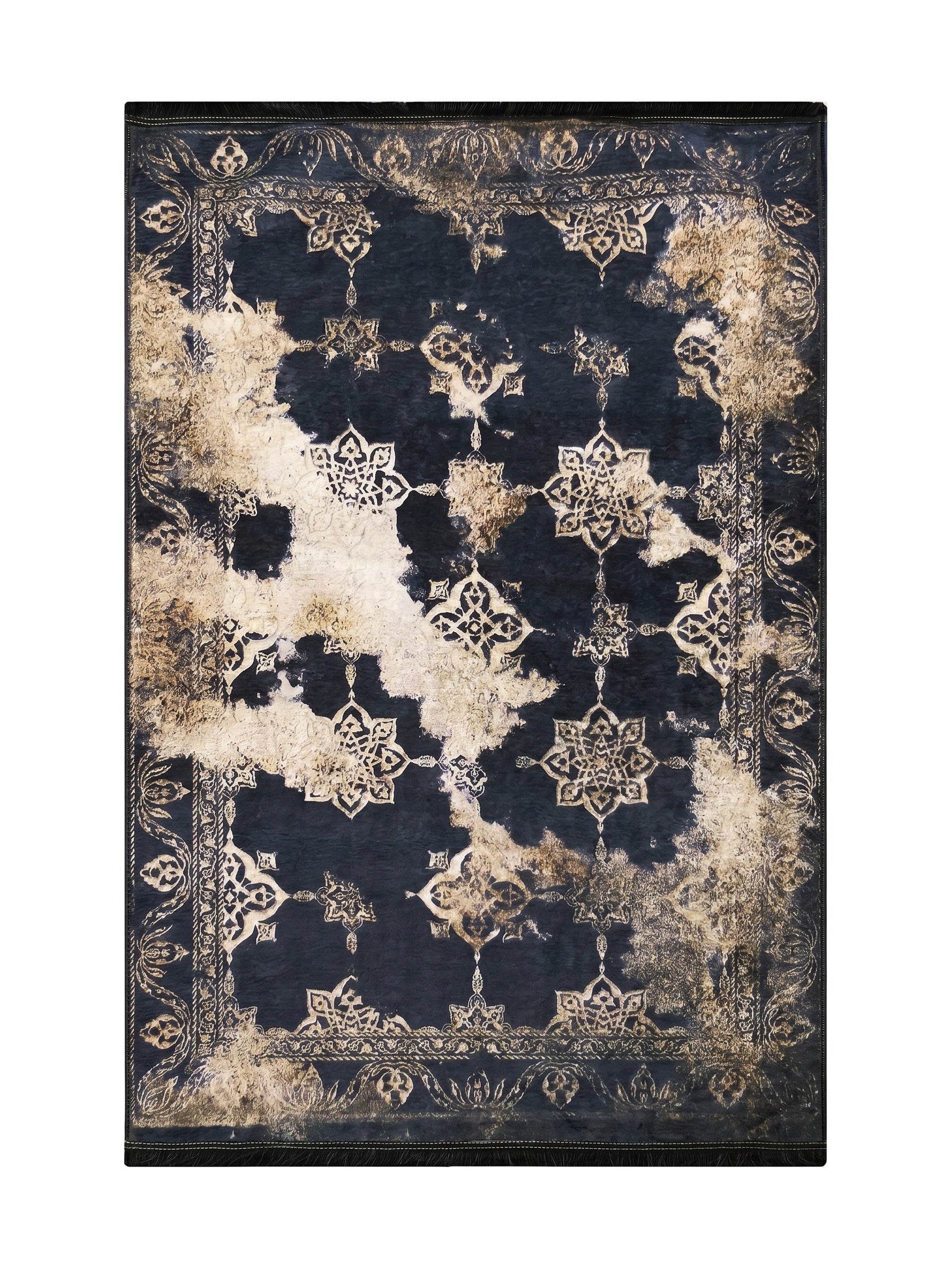 Tapis rectangulaire bleu marine à motifs floraux et géométriques beiges, avec effet vieilli et franges