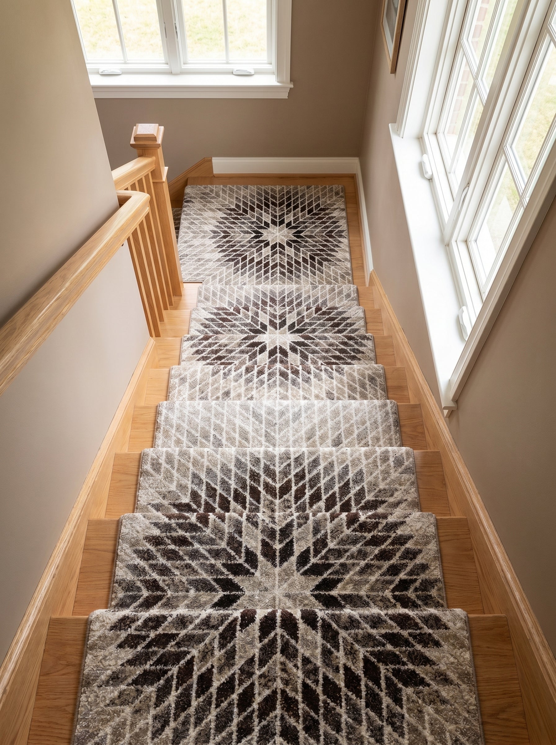 Tapis d'escalier aux motifs géométriques d'étoiles marron, beige et gris, sur des marches en bois, dans une cage d'escalier