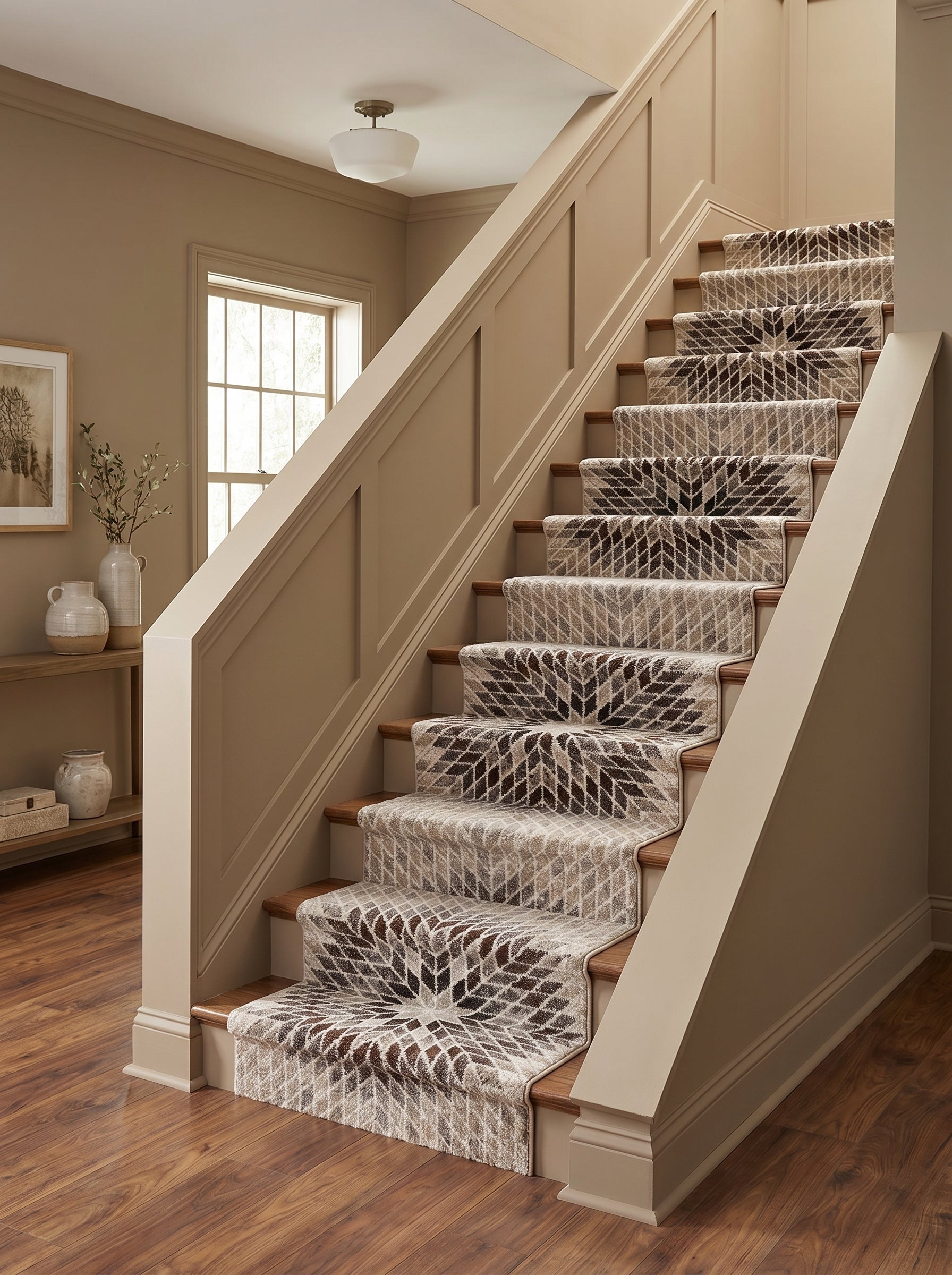 Chemin d'escalier beige et marron à motifs géométriques en losanges formant des étoiles sur un escalier en bois