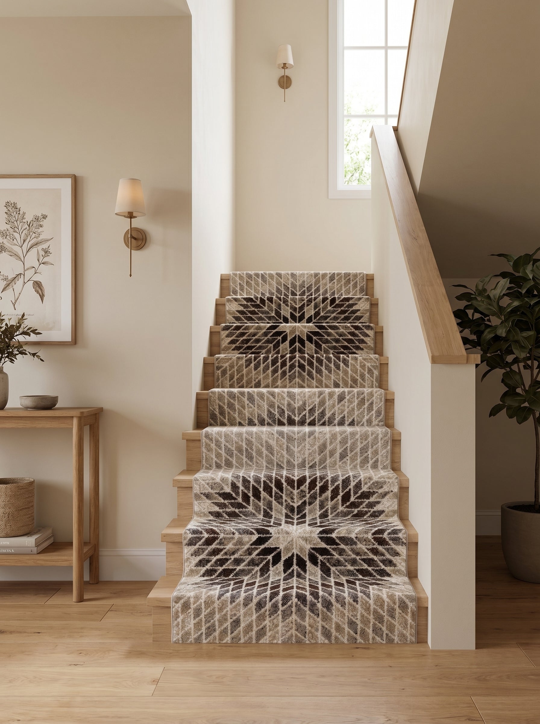 Tapis d'escalier géométrique losanges beiges et marron formant étoiles sur marches en bois clair dans couloir