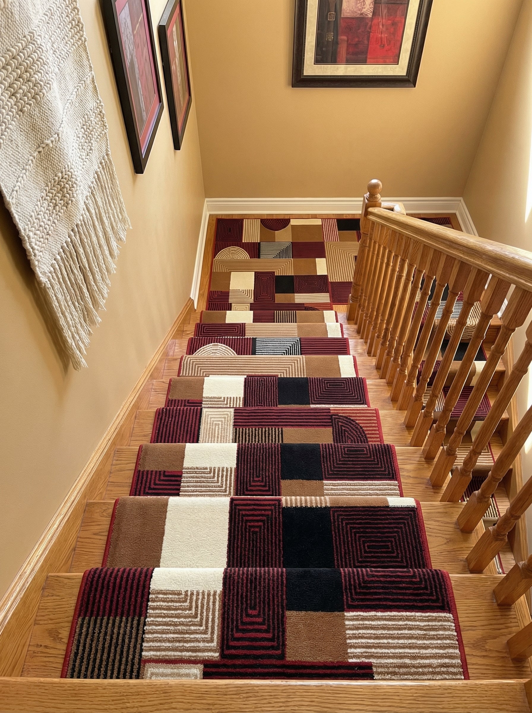 Long tapis d'escalier en velours aux motifs géométriques complexes bordeaux, crème, marron et noir recouvrant un escalier en bois