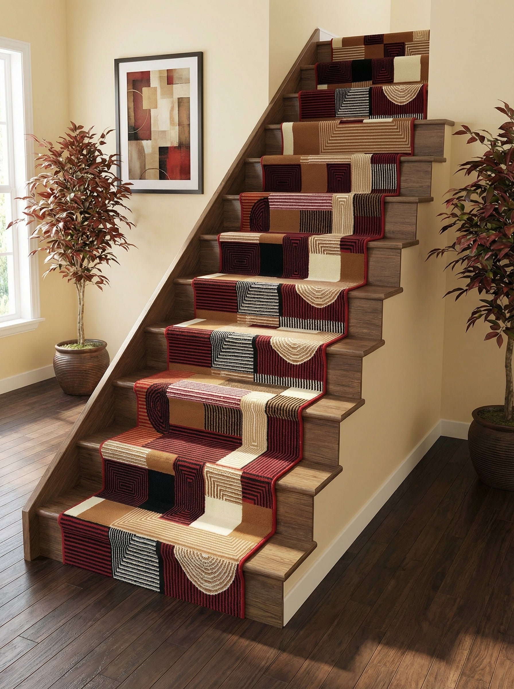 Tapis d'escalier coloré à motifs géométriques abstraits en patchwork rouge bordeaux, camel, crème et noir, sur des marches en bois dans une entrée