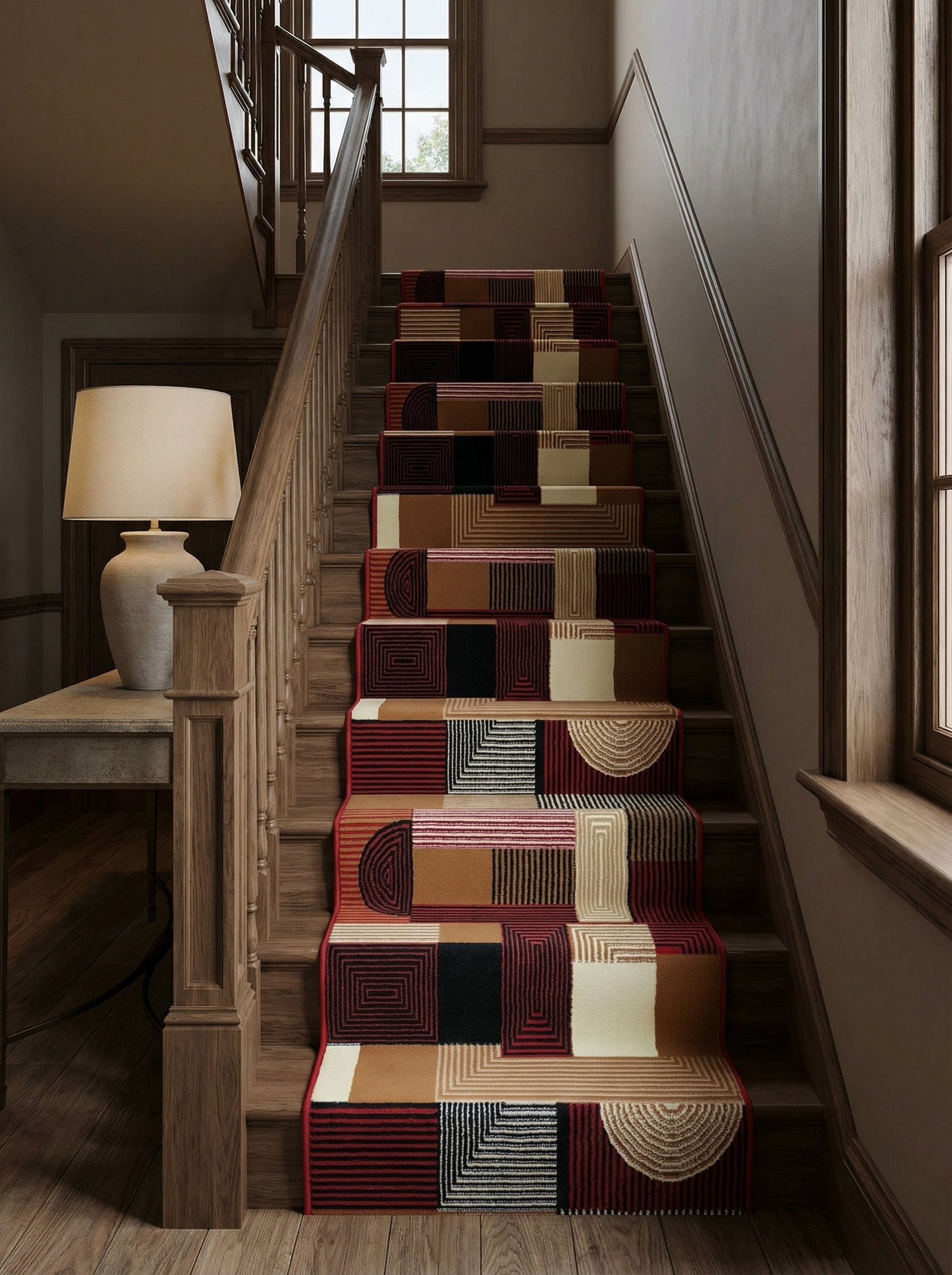 Tapis d'escalier géométrique patchwork en marron, noir, crème et bordeaux, lignes et demi-cercles, sur escalier en bois d'une entrée