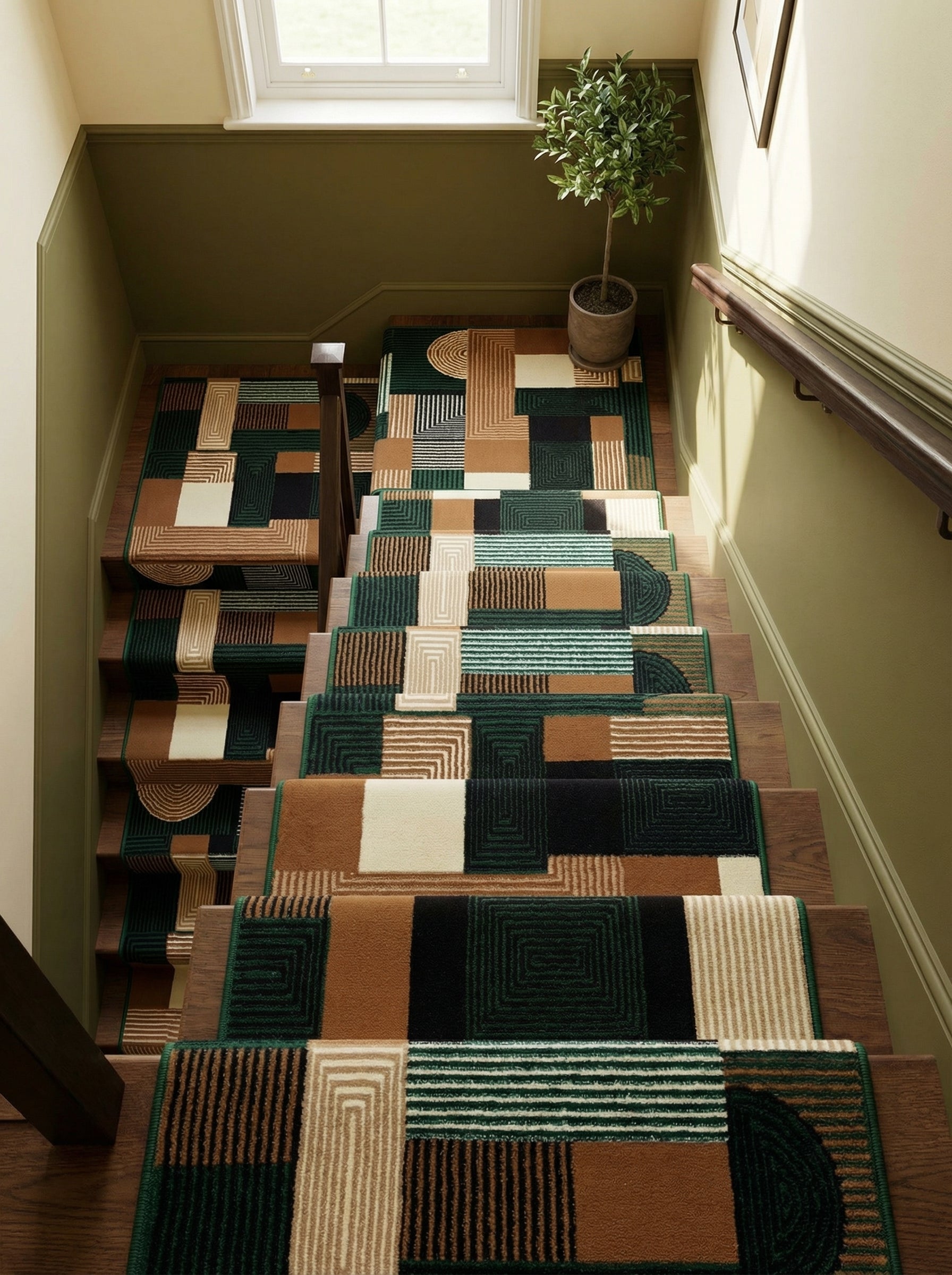 Tapis d'escalier à motifs géométriques abstraits rayés verts, marrons, beiges et noirs, dans une cage d'escalier