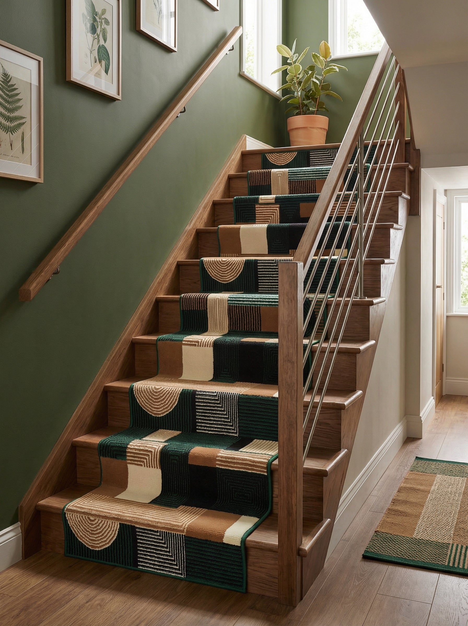 Chemin de tapis d'escalier géométrique vert foncé, marron, crème et noir, complété par un petit tapis assorti sur un sol en bois clair dans une entrée