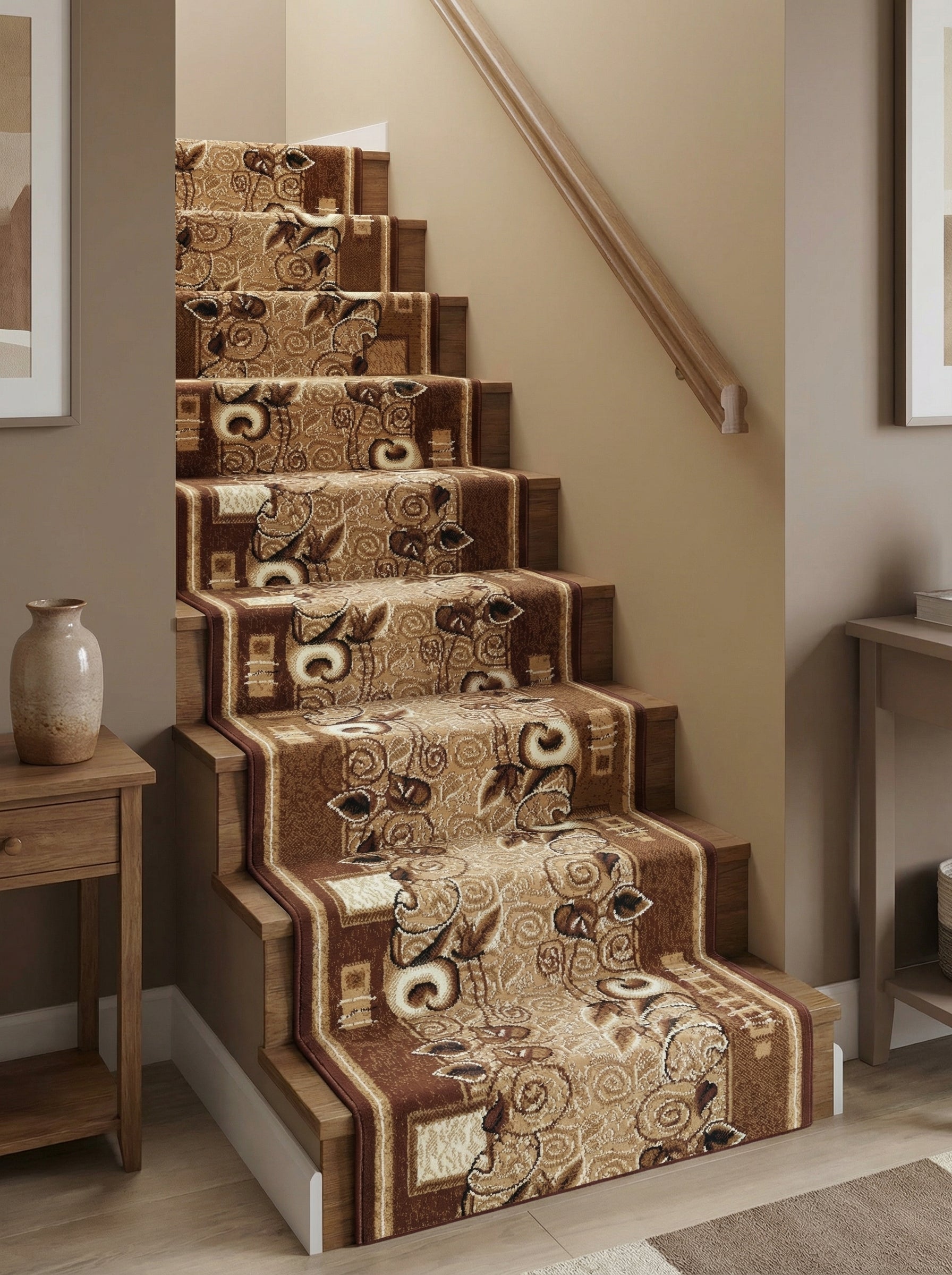 Moquette d'escalier beige et marron clair avec des motifs floraux et volutes stylisés, installée sur un escalier en bois dans un hall