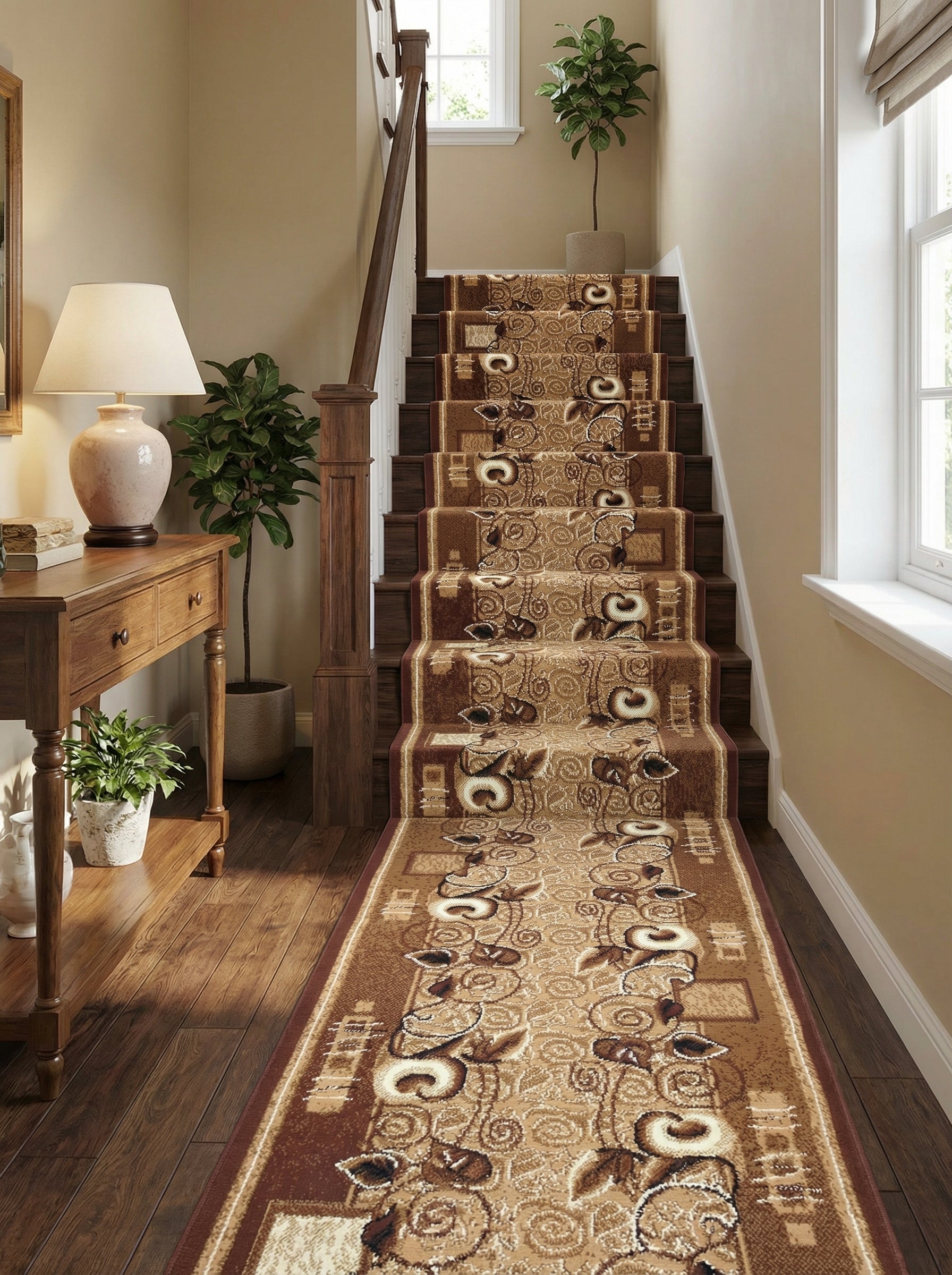 Tapis coureur beige et marron foncé aux motifs floraux et spirales, recouvrant un escalier en bois dans un hall d'entrée élégant