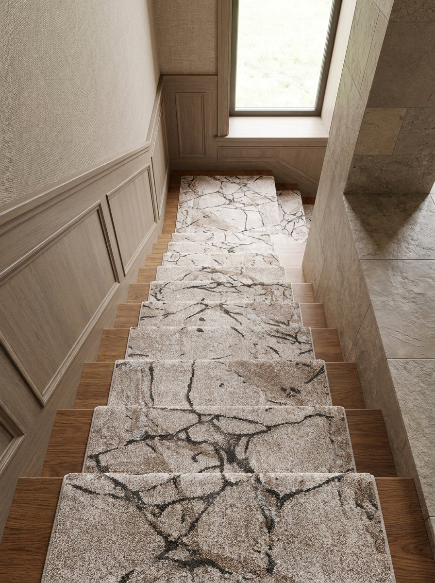 Tapis d'escalier crème et brun clair à motifs abstraits foncés comme des veines, sur un escalier en bois