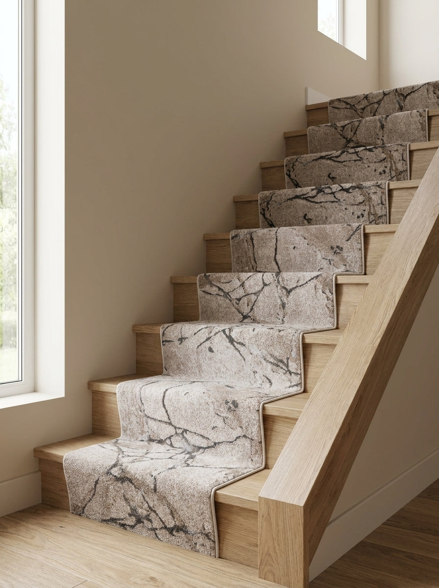 Tapis d'escalier beige marbré de veines gris foncé, posé sur des marches en bois clair dans un hall d'entrée