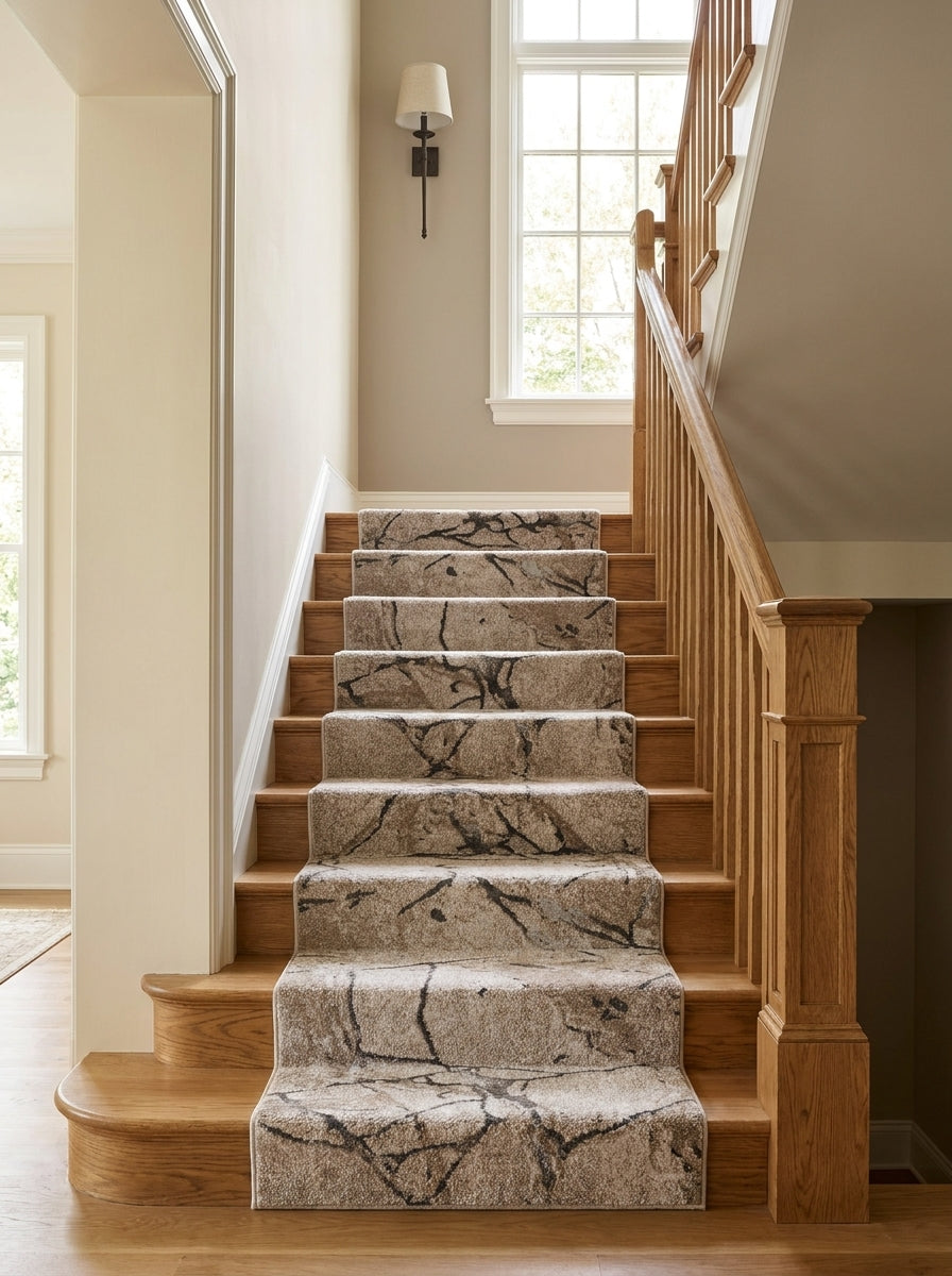 Tapis d'escalier beige à motifs abstraits sombres façon craquelures sur marches en bois dans entrée lumineuse