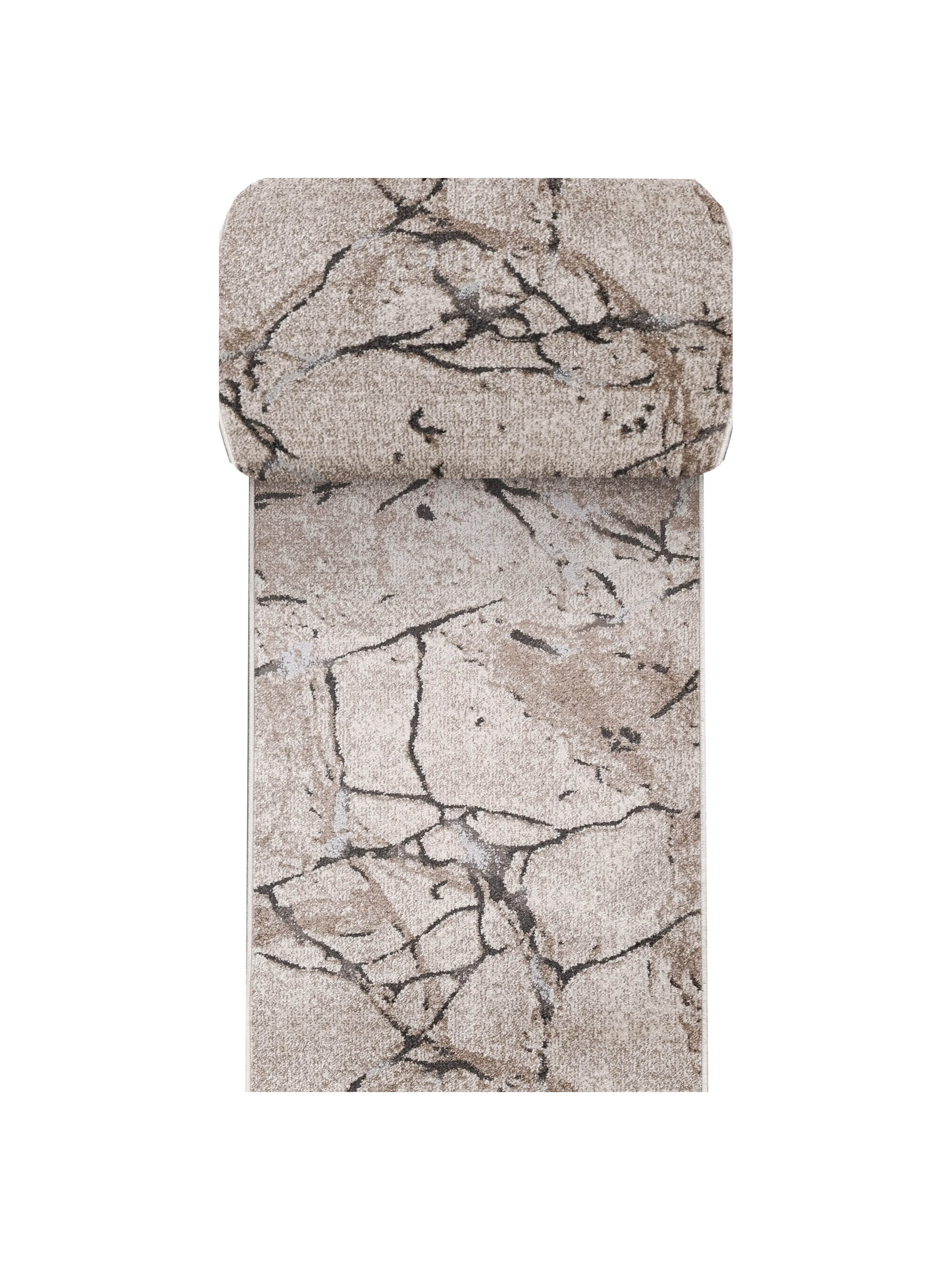 Long tapis en tissu clair aux motifs abstraits de fissures marron foncé et gris pâle, avec un bout arrondi